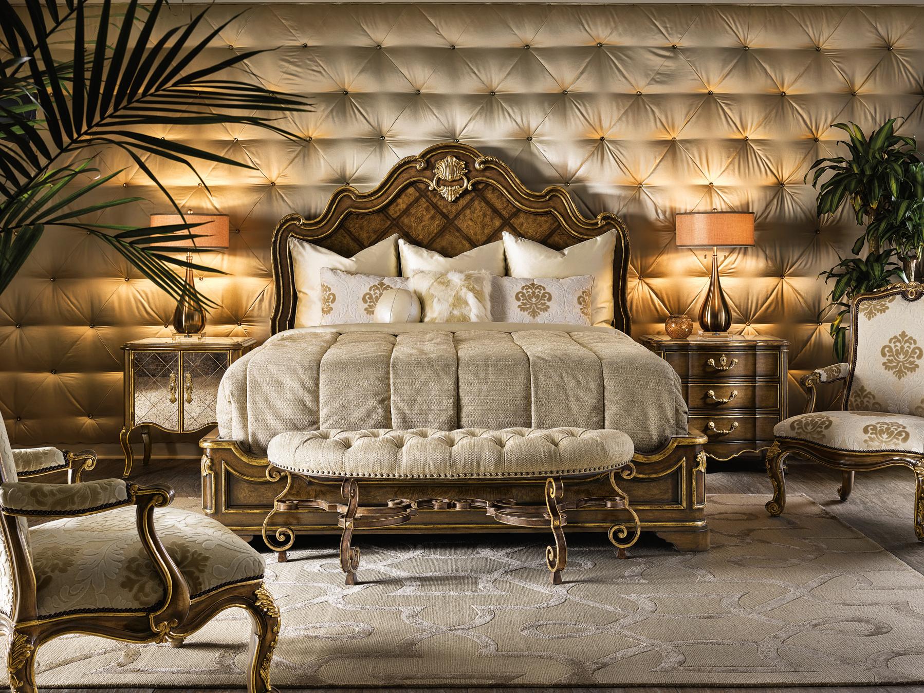 Maitland Smith Aria Aged Gold Brown Ash Wood King Panel Bed