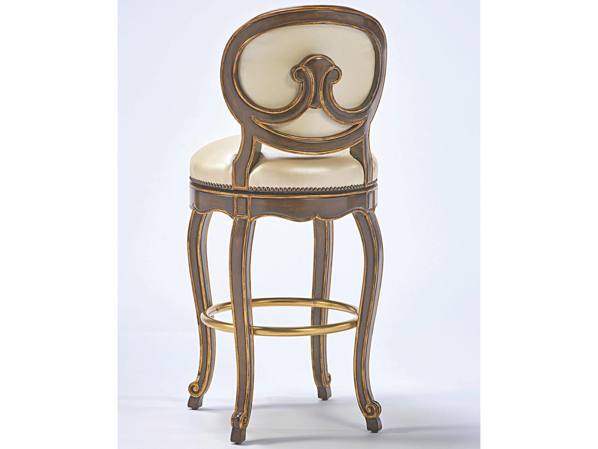 Maitland Smith Swivel Upholstered Mahogany Wood Aria Aged Gold Bar Stool