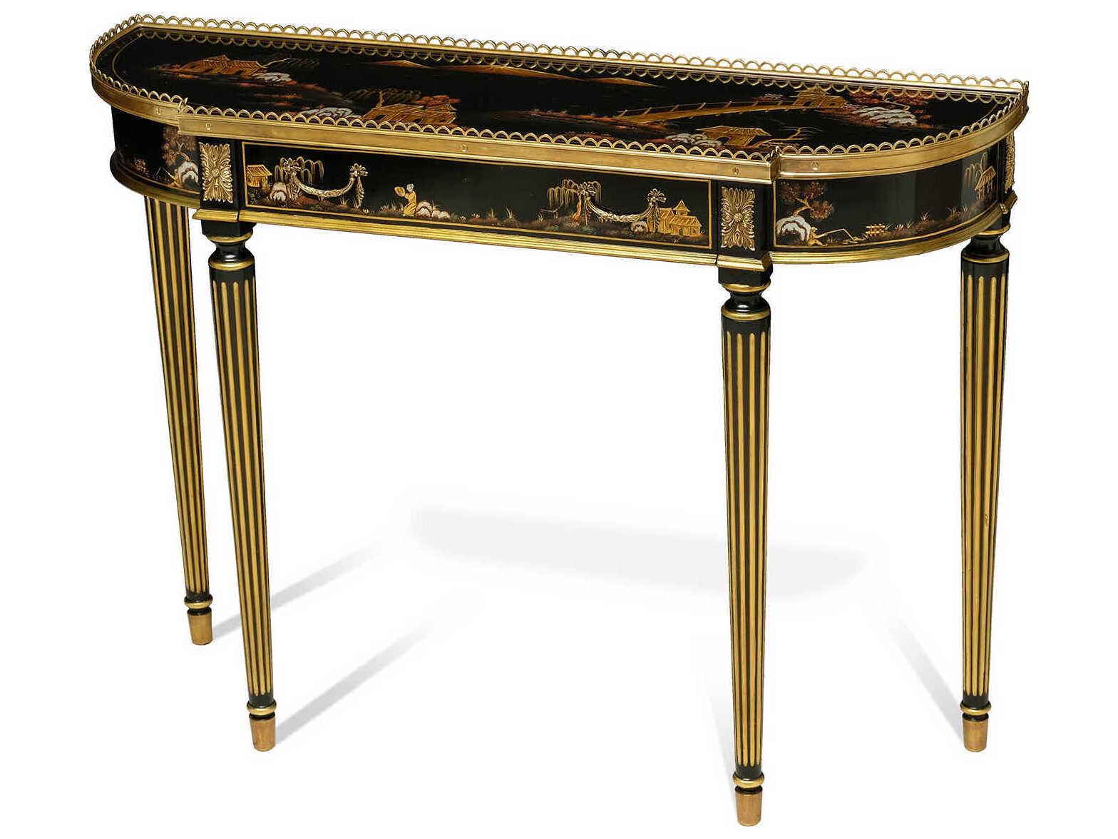 Maitland Smith Song Demilune Wood Chinoiserie Black Console Table
