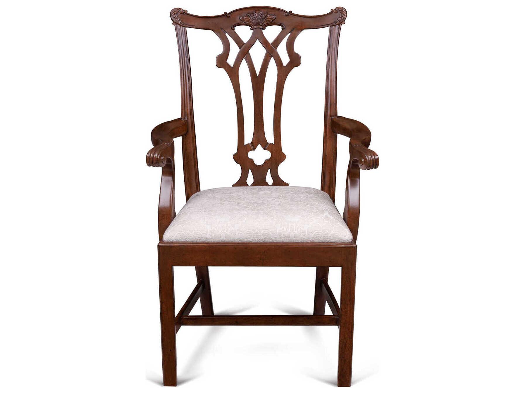 Maitland Smith Camden Mahogany Wood Brown Upholstered Arm Dining Chair
