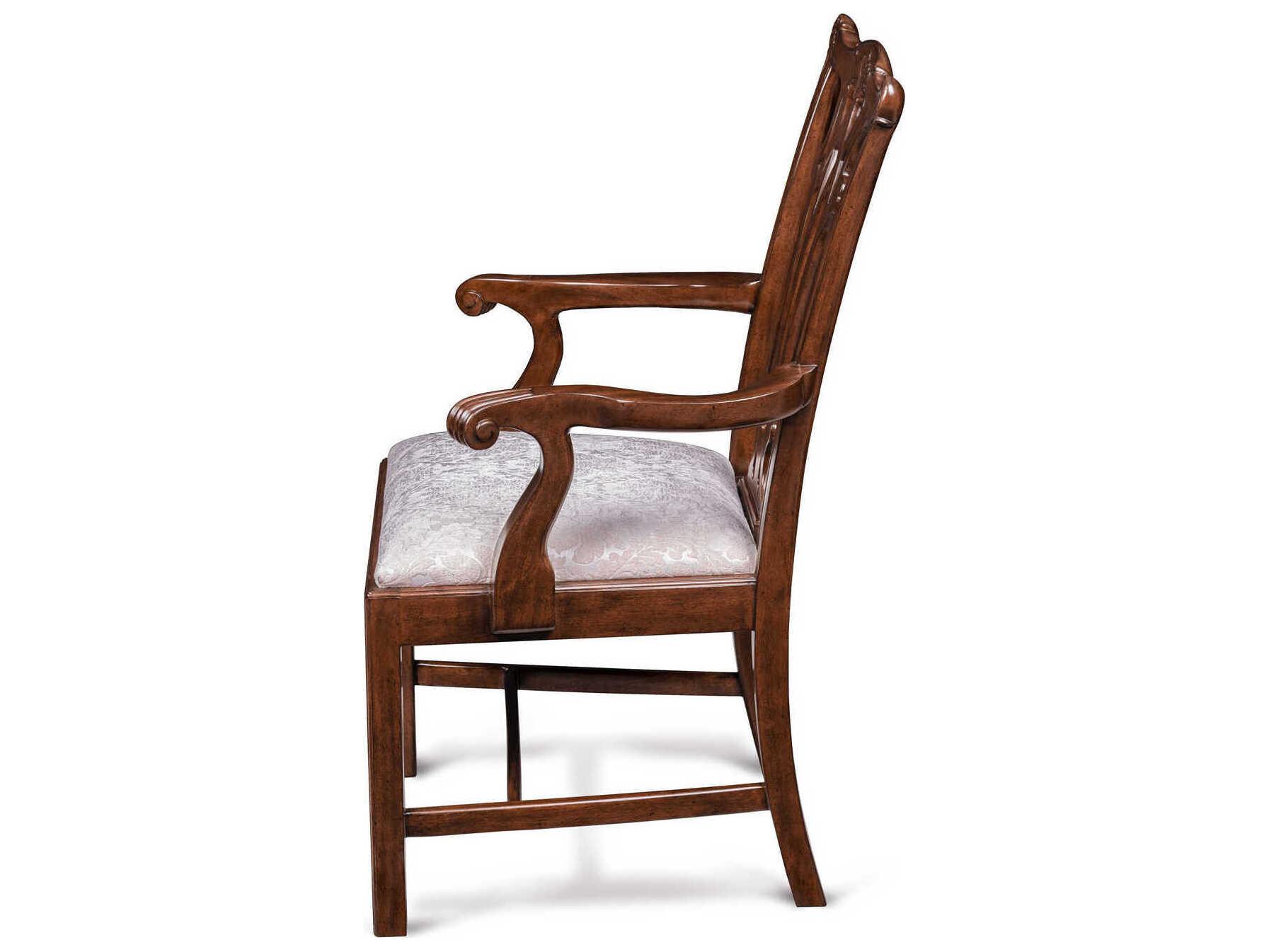 Maitland Smith Camden Mahogany Wood Brown Upholstered Arm Dining Chair