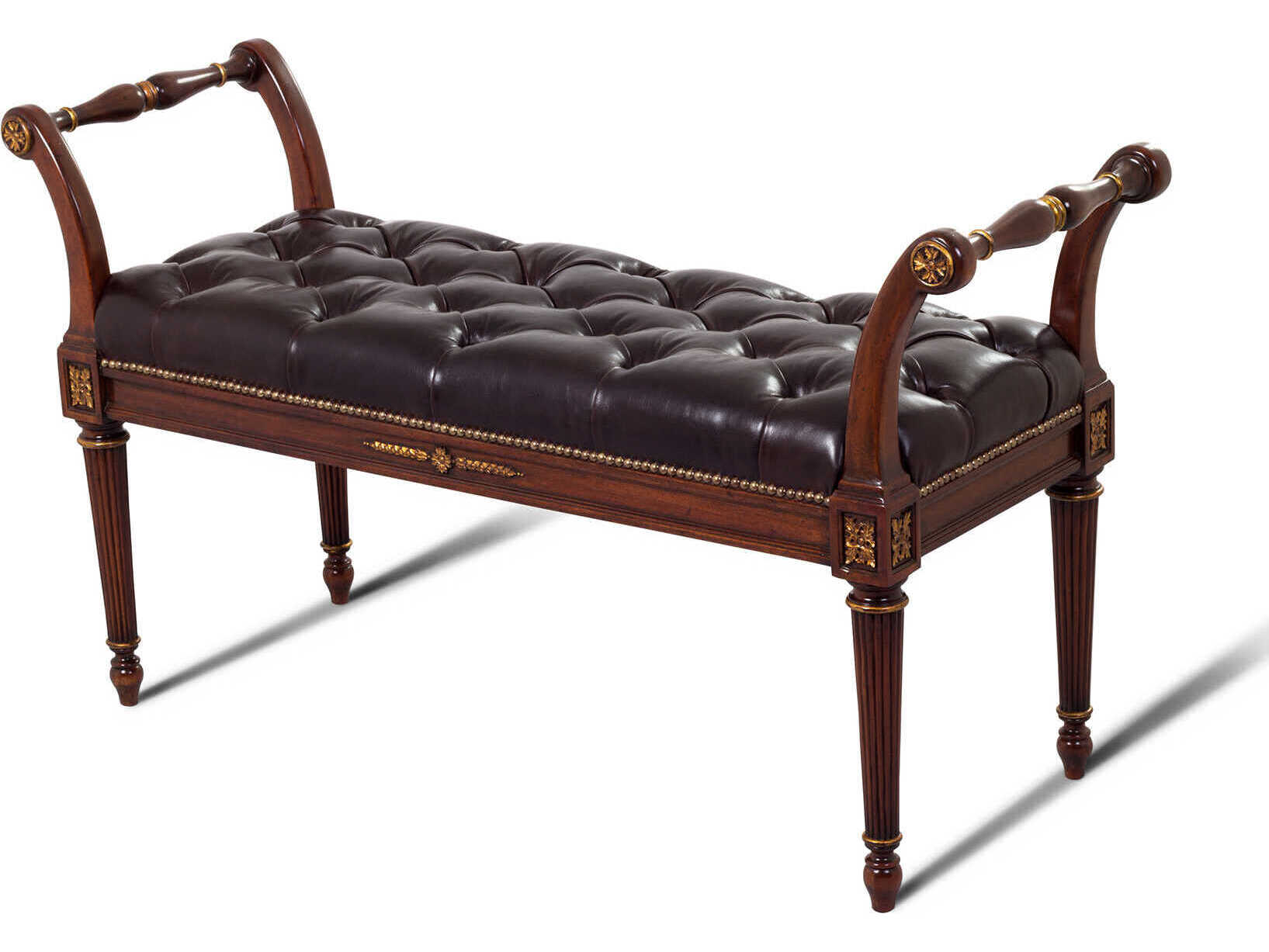 Maitland Smith Mahogany Black Leather Accent Bench