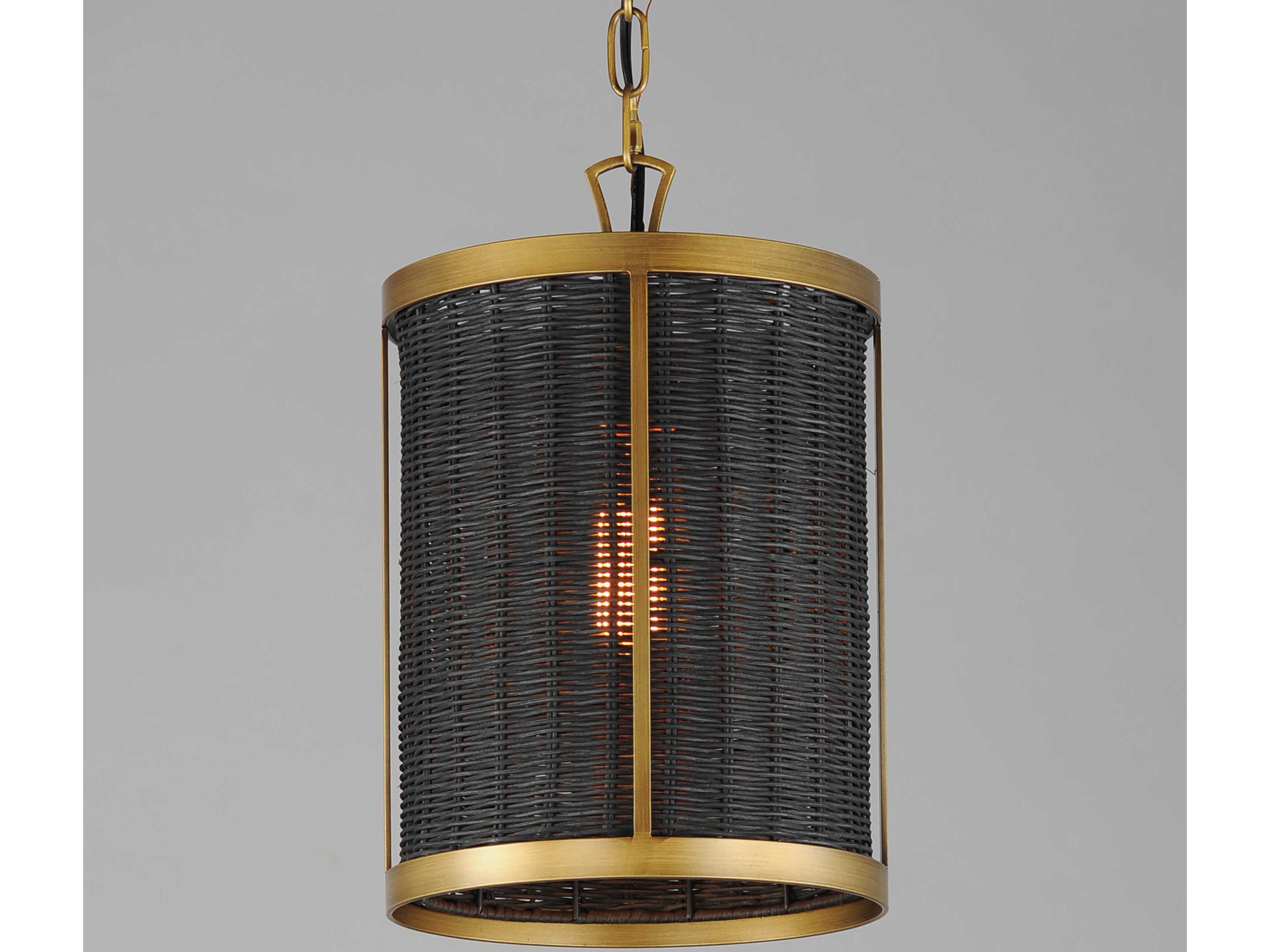 Maxim Lighting Rattan 1-Light Natural Aged Brass Black Drum Mini Pendant