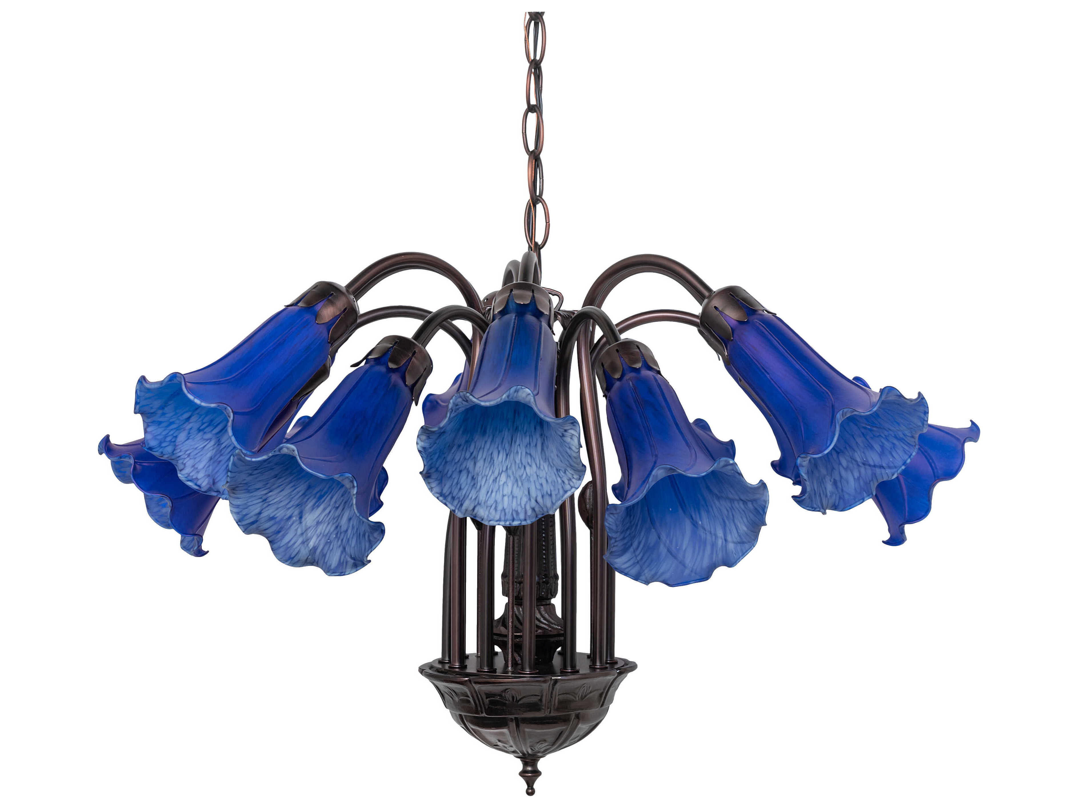 Meyda Pond Lily 7-Light Mahogany Bronze Blue Glass Bell Chandelier