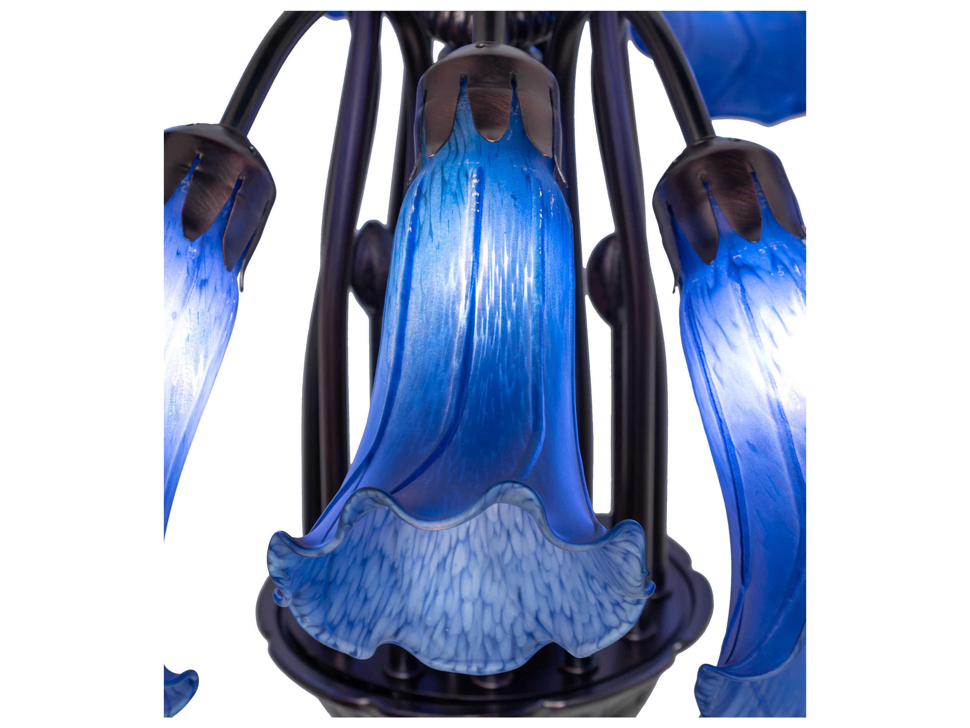 Meyda Pond Lily 7-Light Mahogany Bronze Blue Glass Bell Chandelier