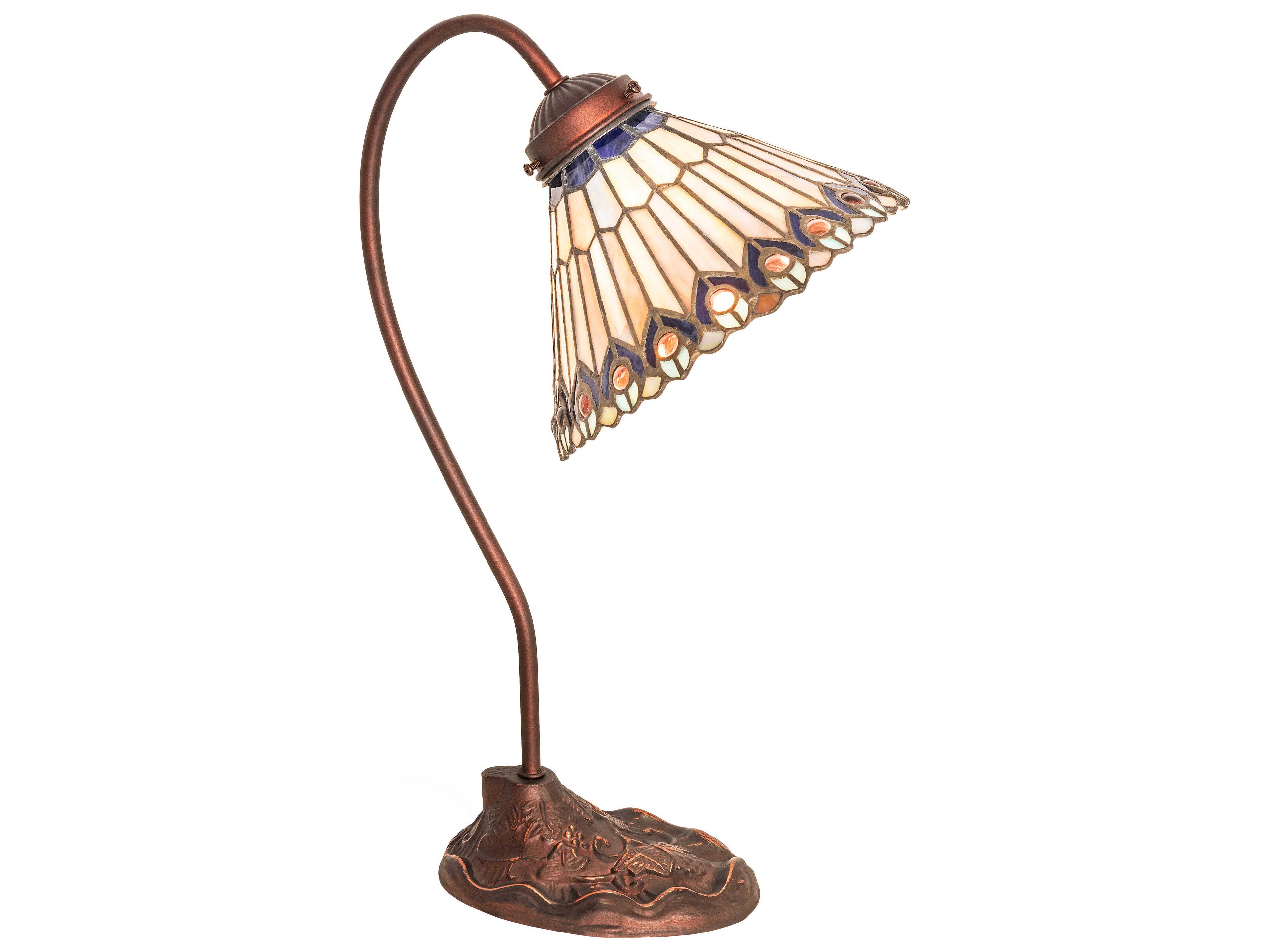 Meyda Tiffany Jeweled Peacock Mahogany Bronze Glass Desk Lamp