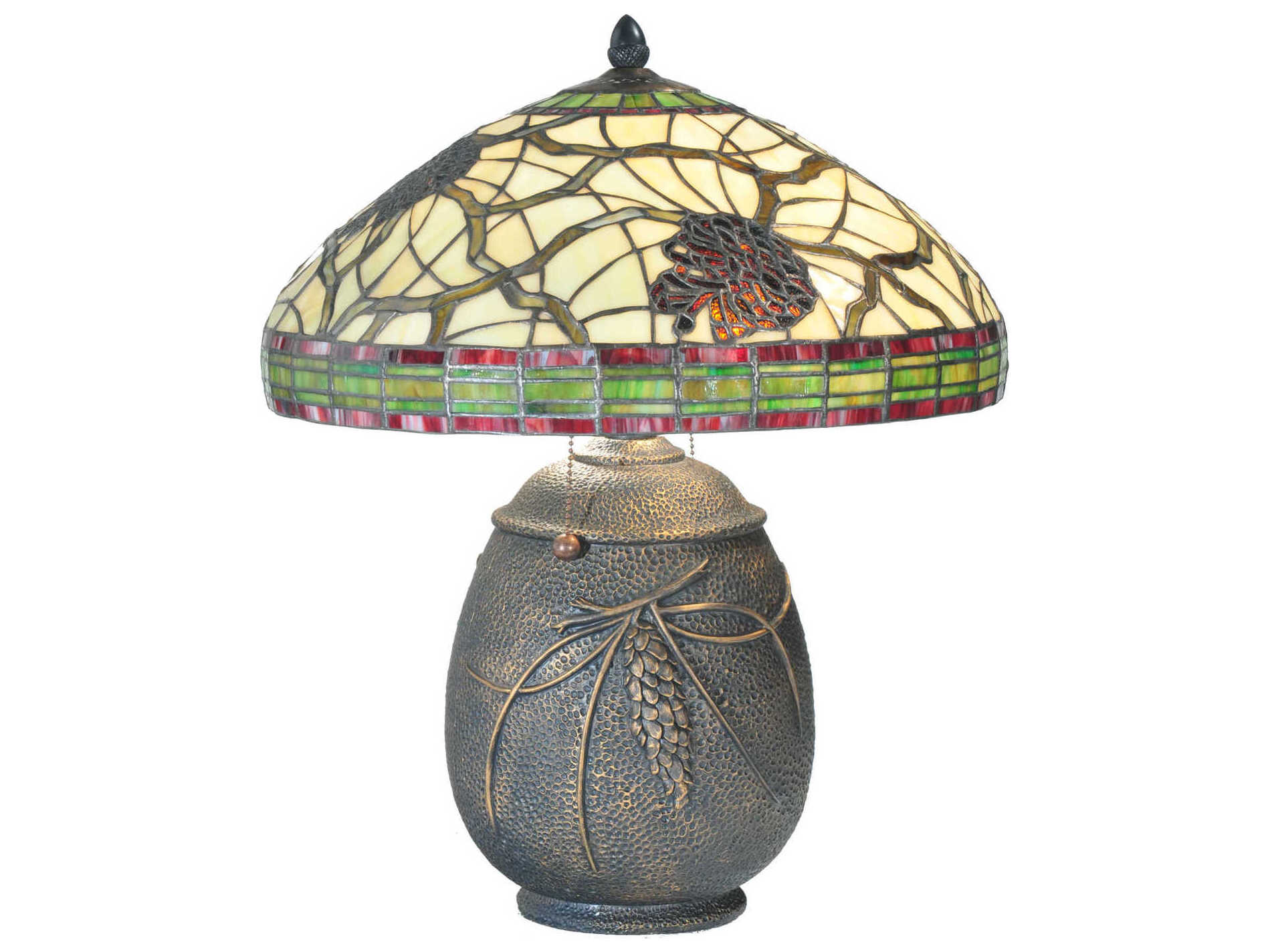 Meyda Pinecone Green Ruby Beige Bronze Glass Tiffany Table Lamp