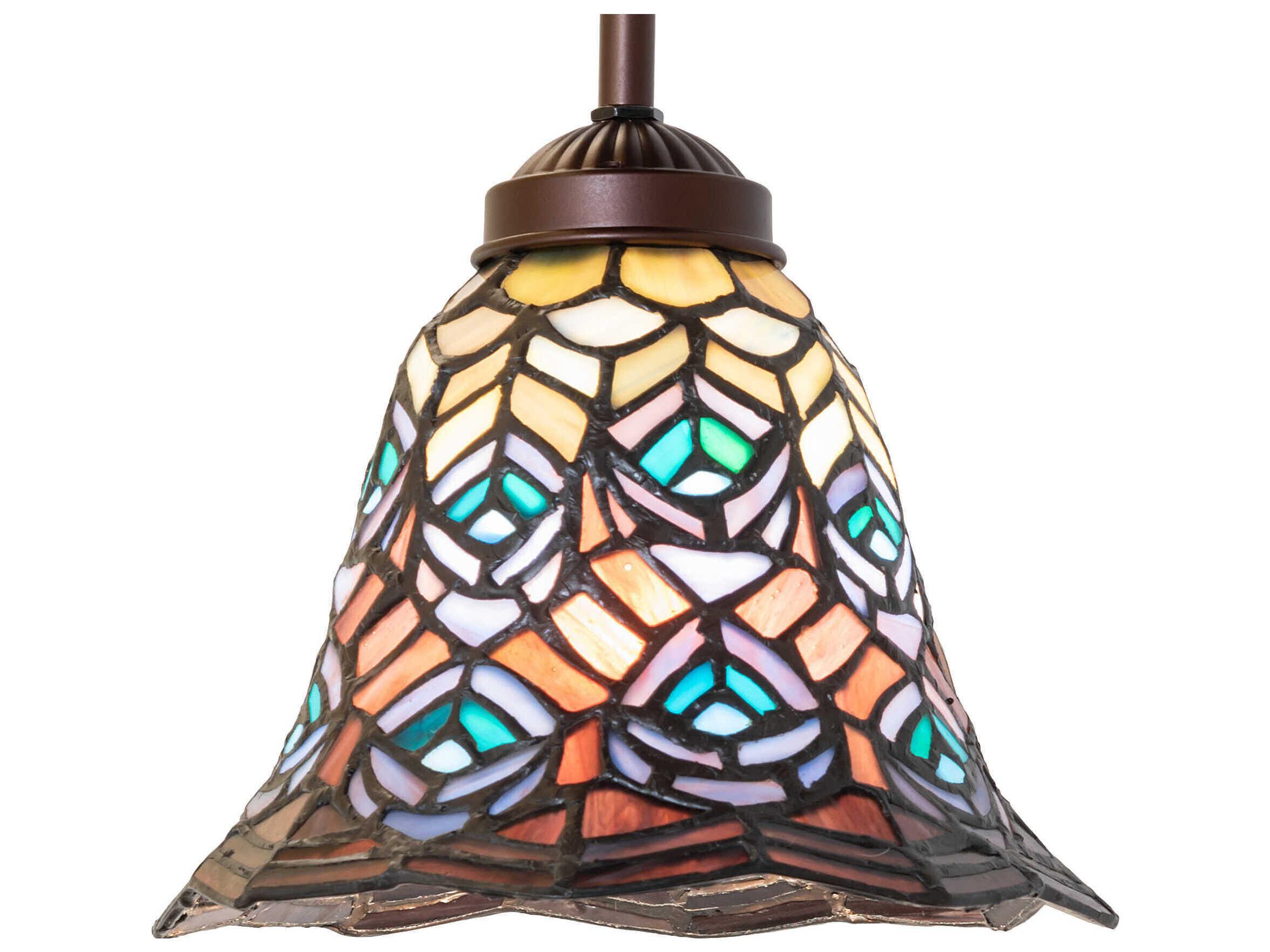 Meyda Tiffany Peacock Feather 1-Light Mahogany Bronze Glass Bell Mini Pendant