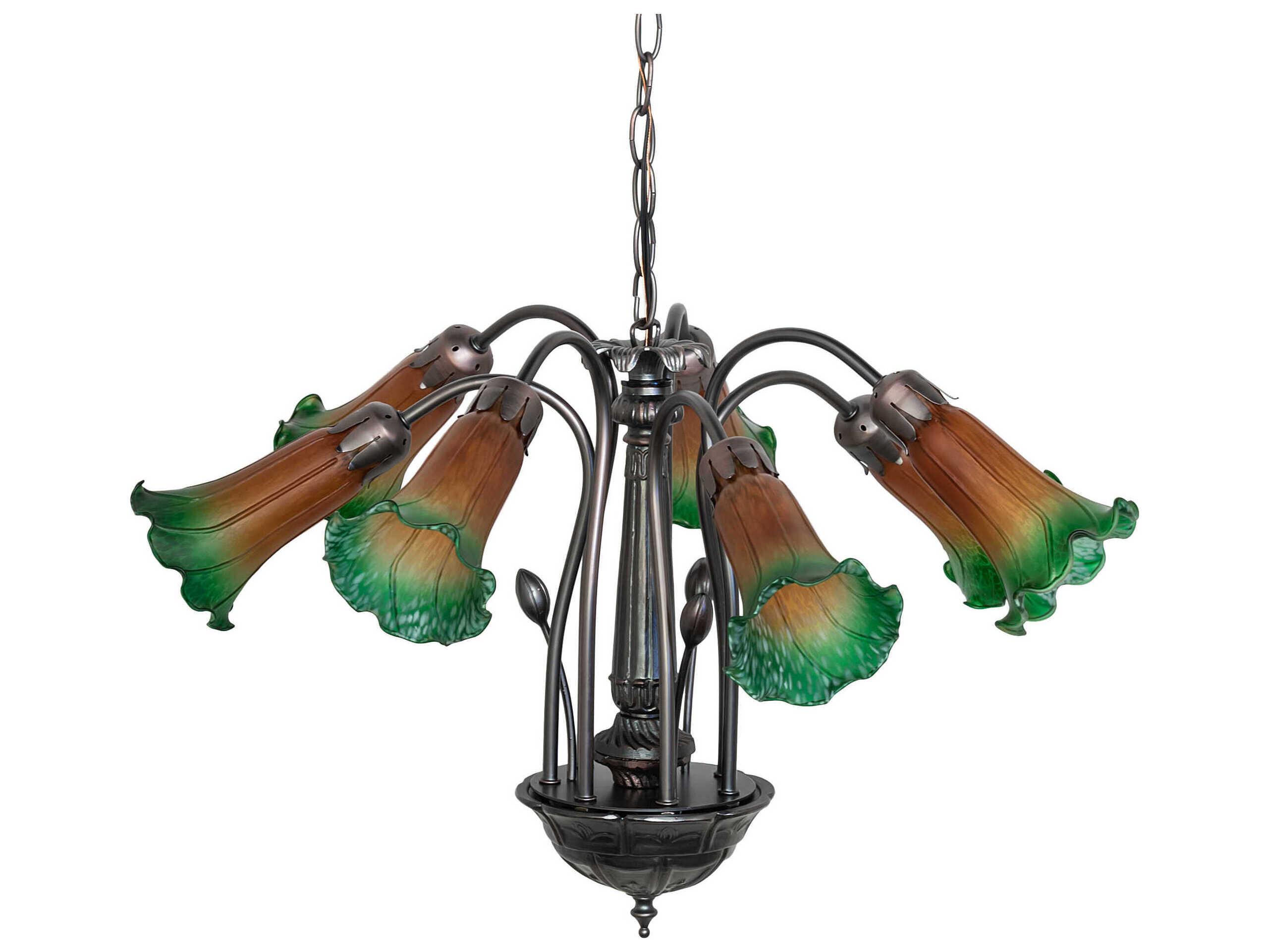 Meyda Pond Lily 7-Light Mahogany Bronze Green Glass Bell Chandelier