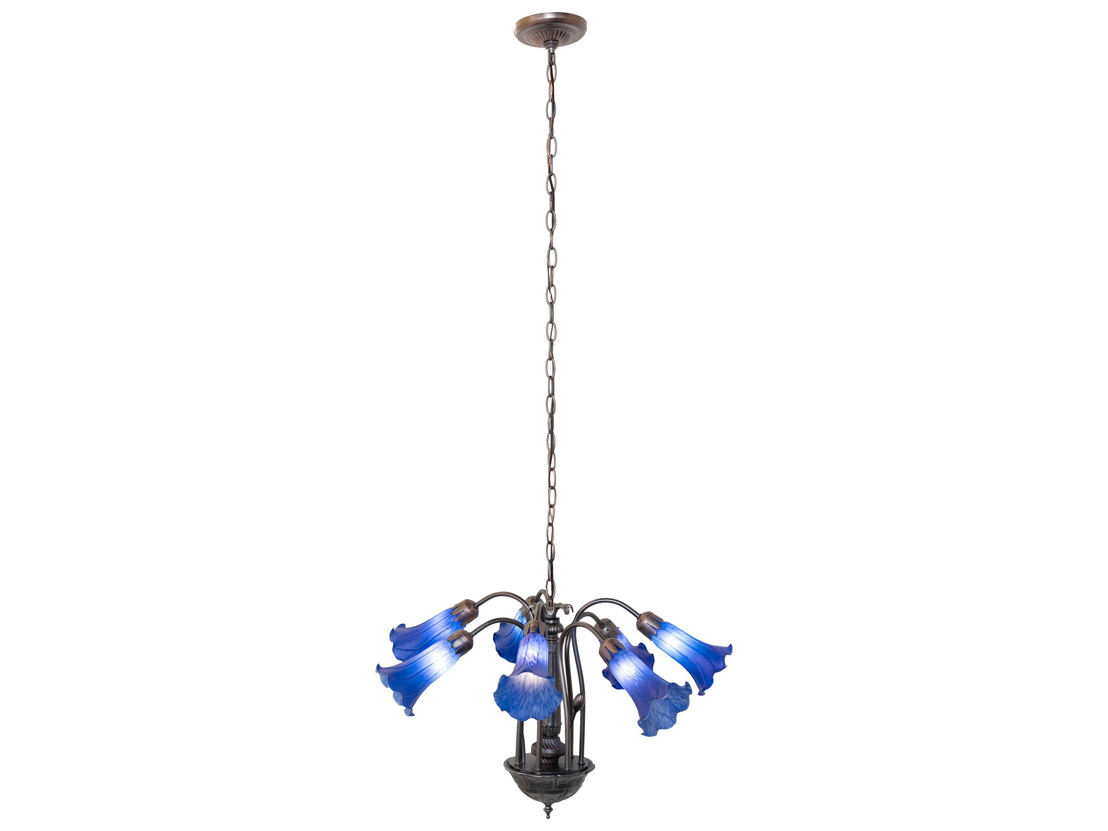 Meyda Pond Lily 7-Light Mahogany Bronze Blue Glass Bell Chandelier