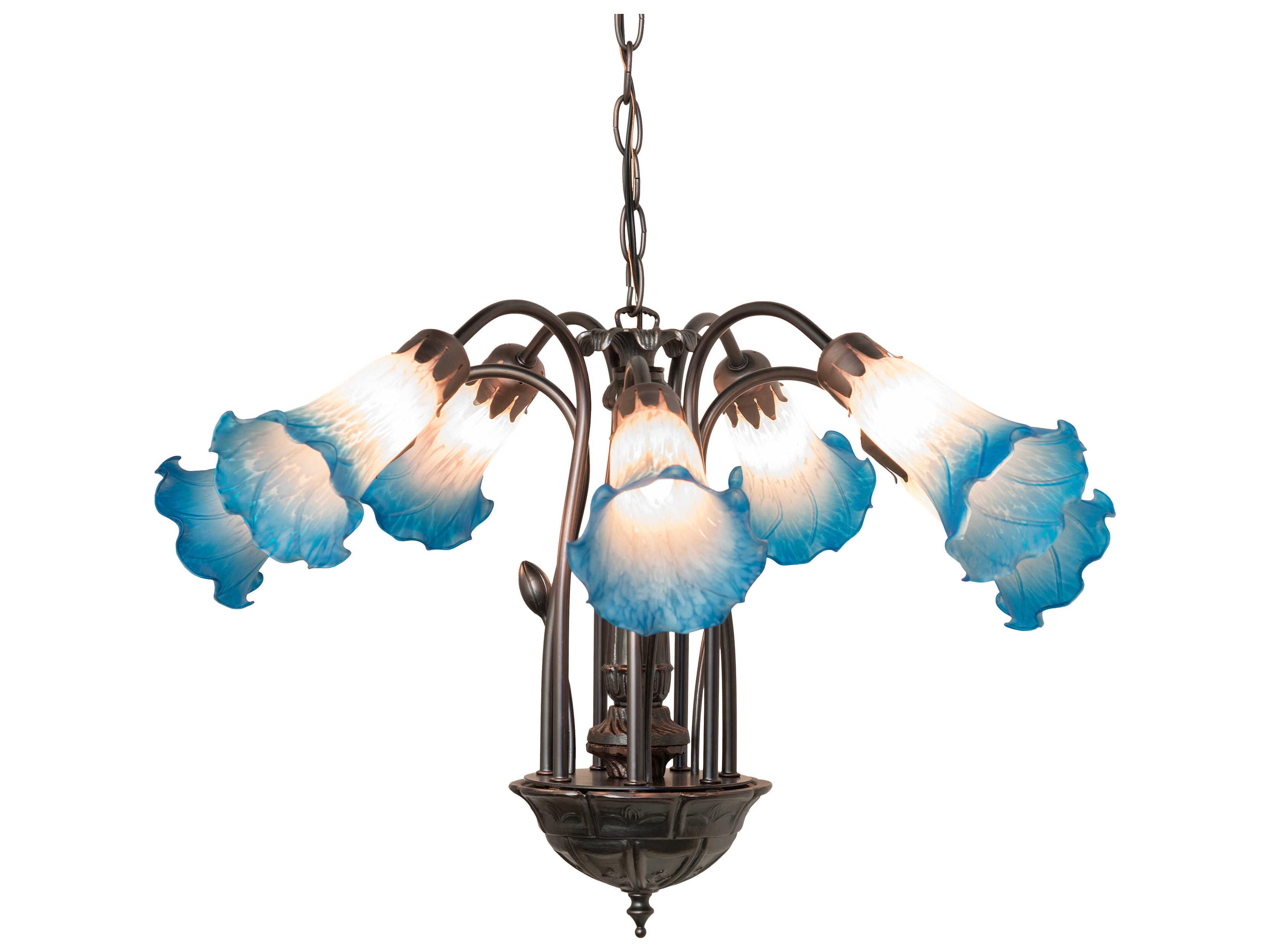 Meyda Pond Lily 7-Light Mahogany Bronze Blue Glass Bell Chandelier