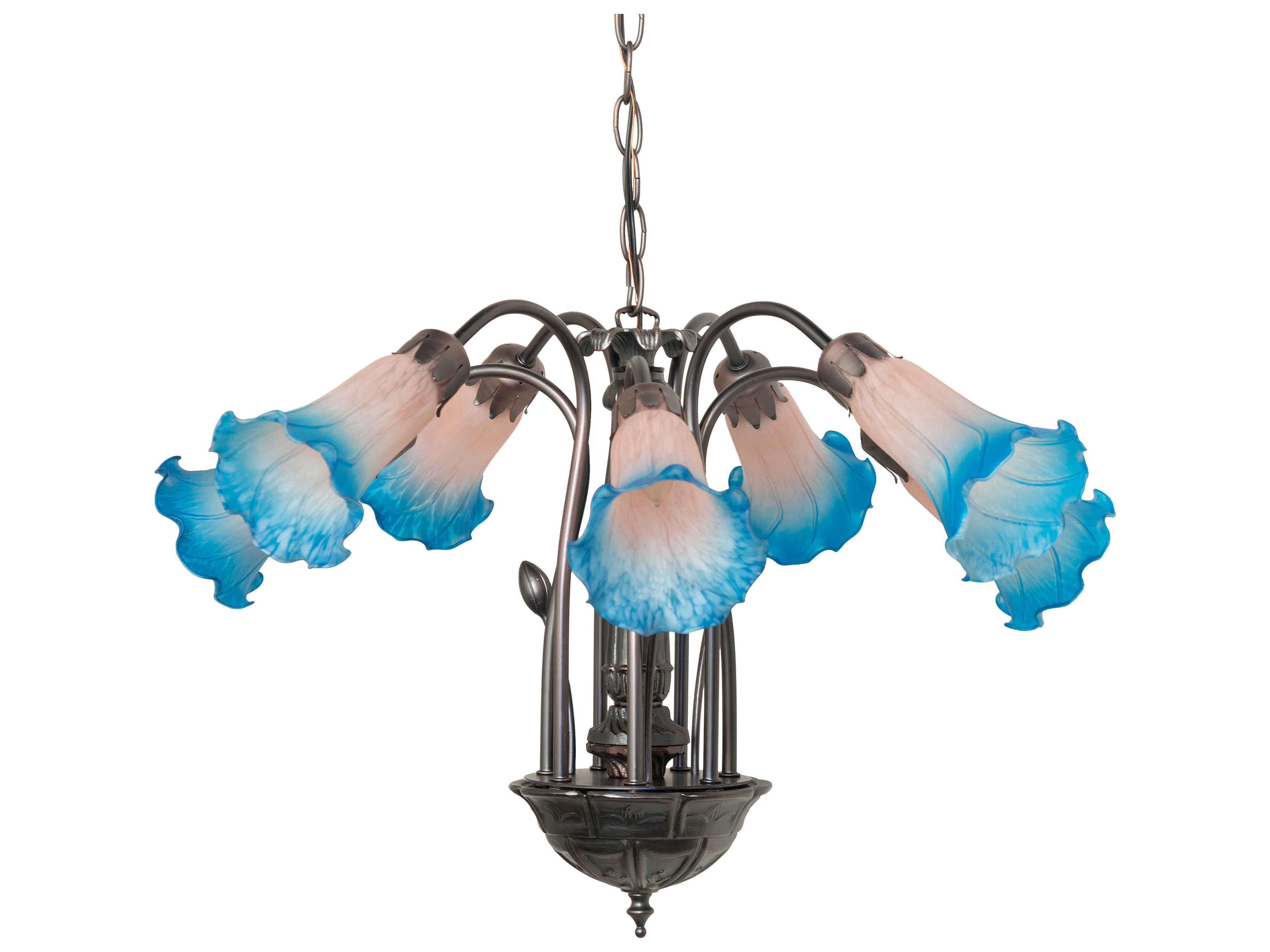 Meyda Pond Lily 7-Light Mahogany Bronze Blue Glass Bell Chandelier