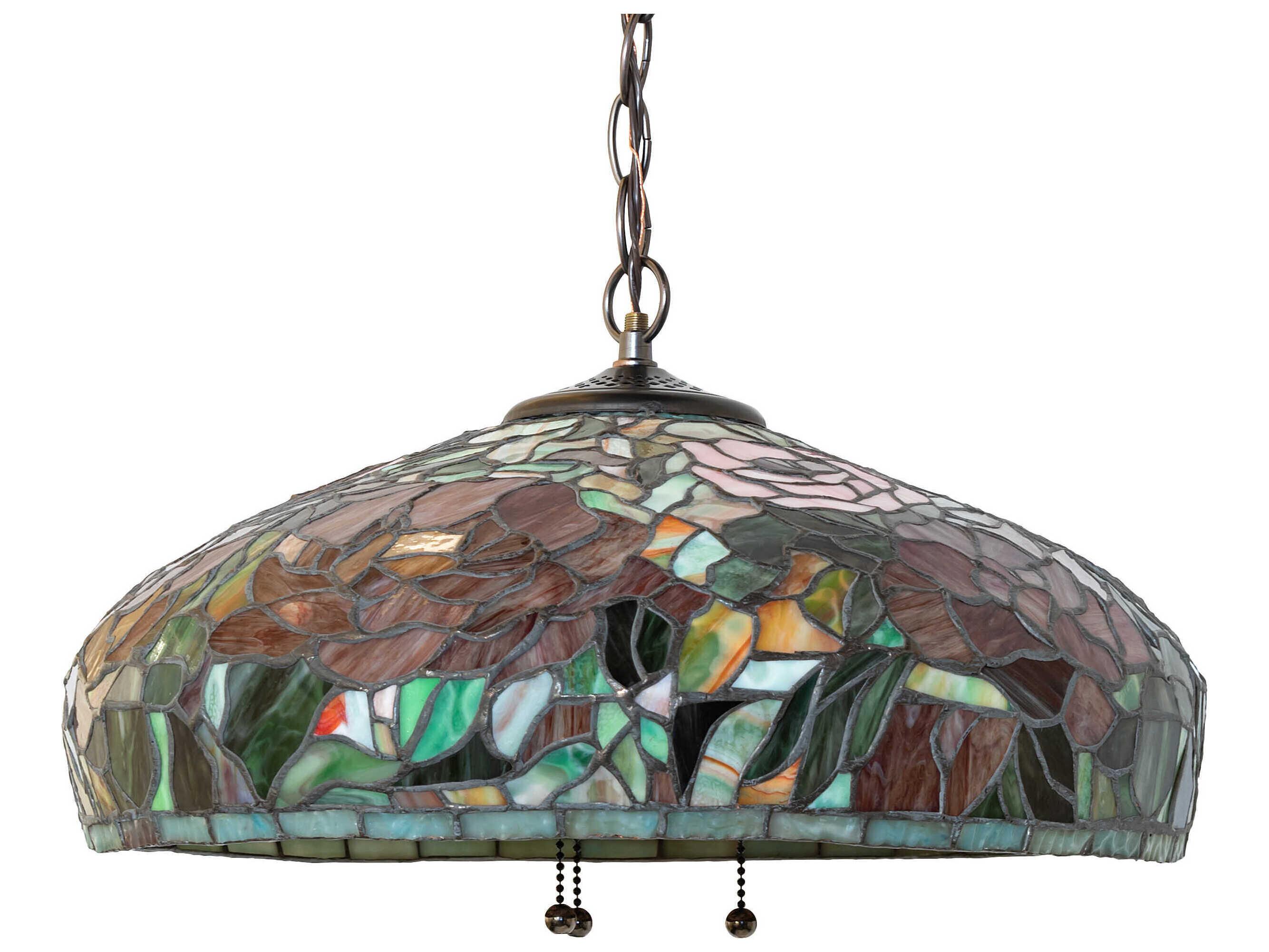 Meyda Peony 3-Light Mahogany Bronze Glass Tiffany Dome Pendant