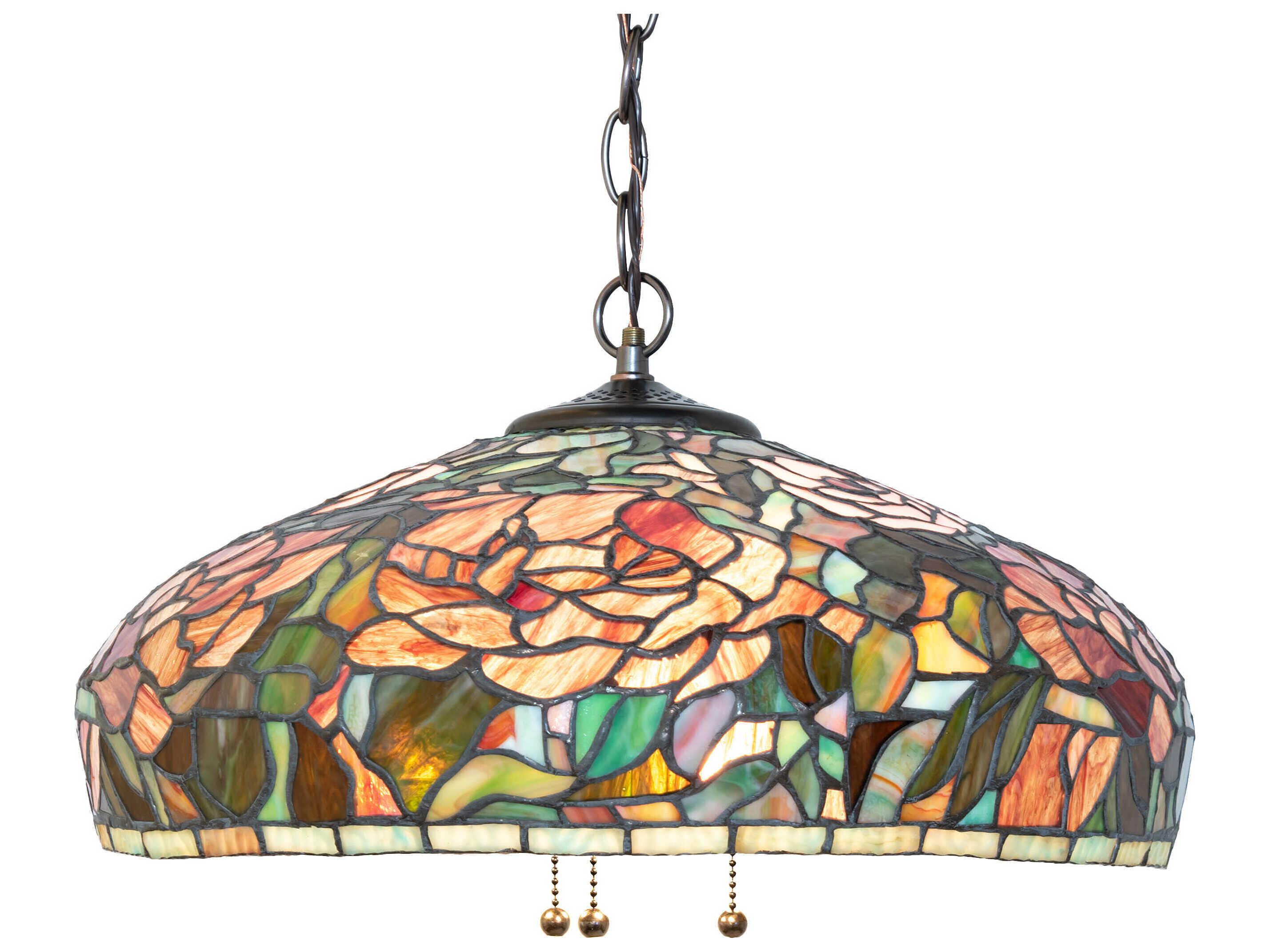 Meyda Peony 3-Light Mahogany Bronze Glass Tiffany Dome Pendant