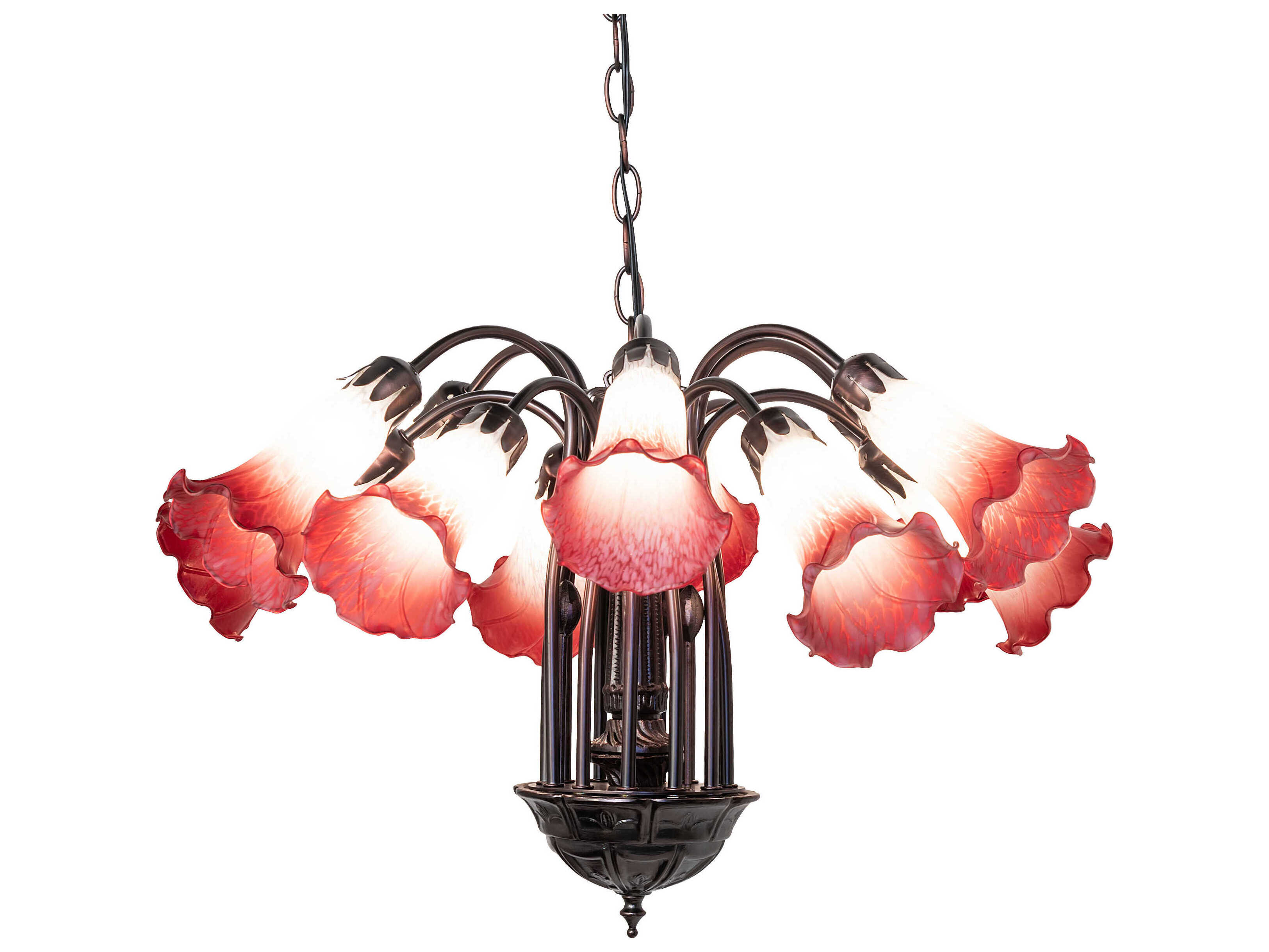 Meyda Pond Lily 12-Light Mahogany Bronze Pink Glass Bell Chandelier
