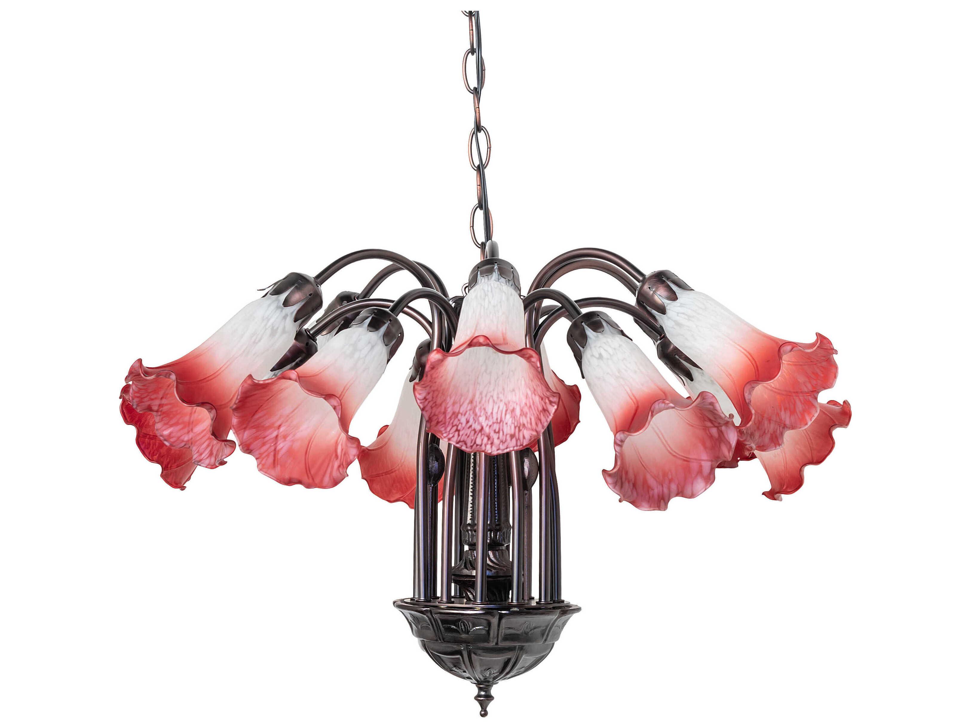 Meyda Pond Lily 12-Light Mahogany Bronze Pink Glass Bell Chandelier
