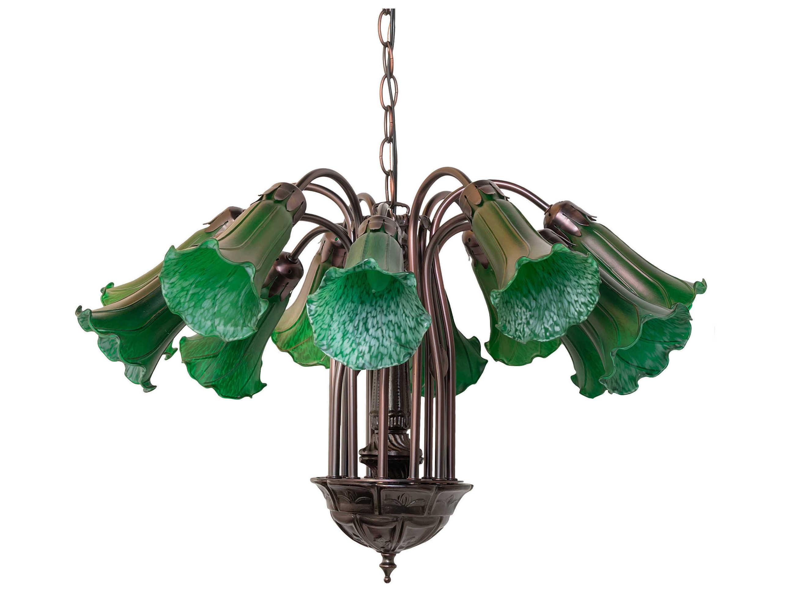 Meyda Pond Lily 12-Light Mahogany Bronze Green Glass Bell Chandelier