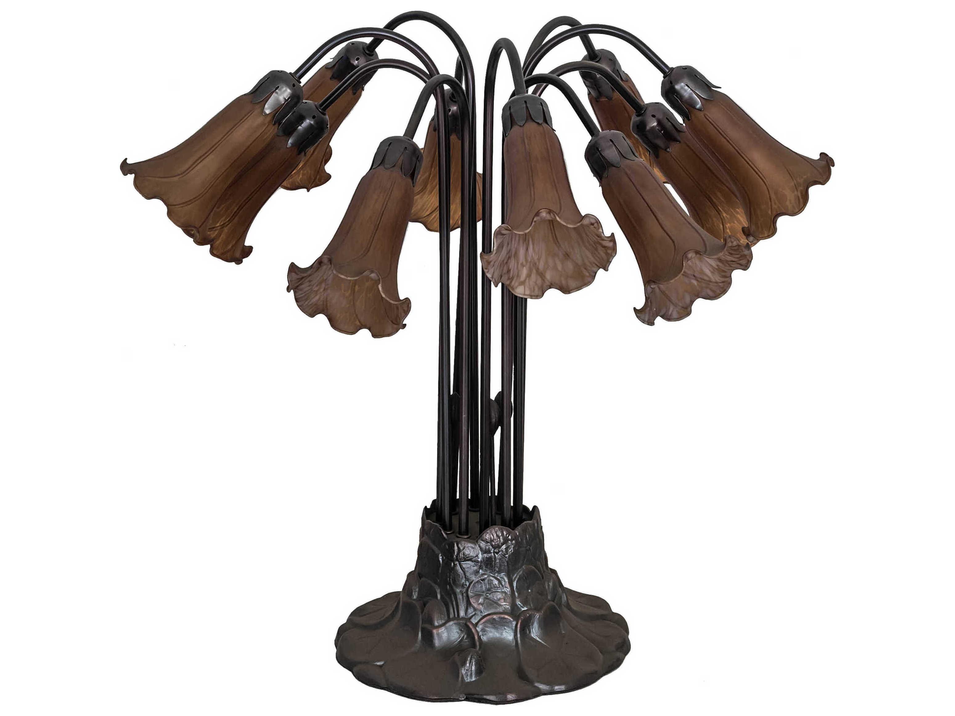 Meyda Amber Pond Lily 10 - Light Mahogany Bronze Brown Table Lamp with Glass Shade