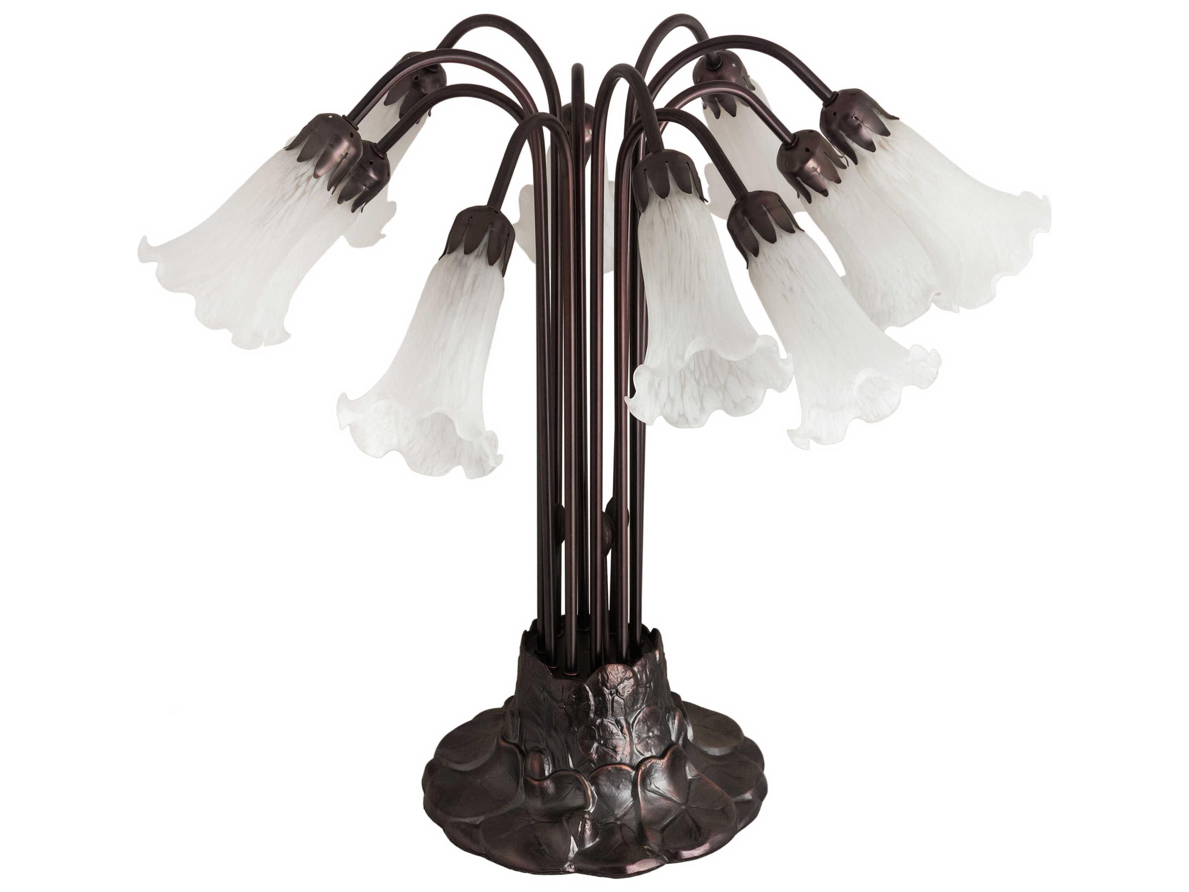 Meyda Pond Lily 10 - Light Glass Tiffany Mahogany Bronze Table Lamp with White Shade