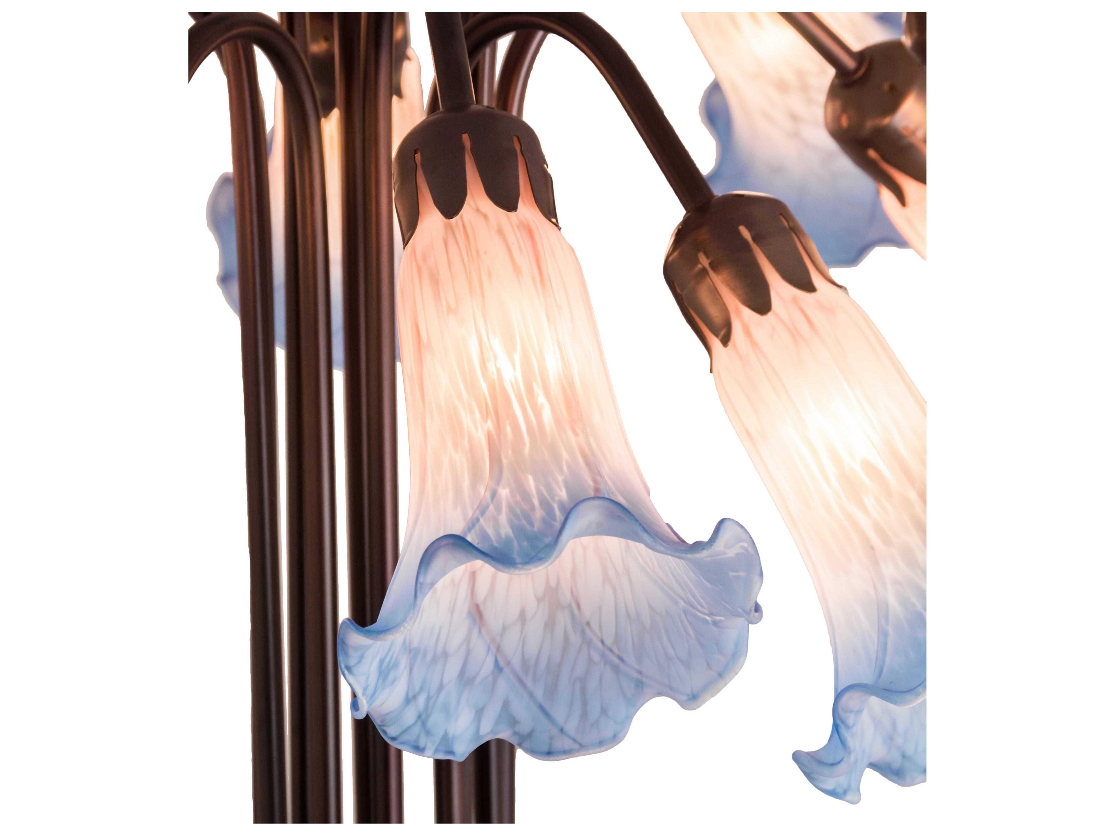 Meyda Pond Lily 10 - Light Mahogany Bronze Tiffany Table Lamp with Pink Blue Glass Shade
