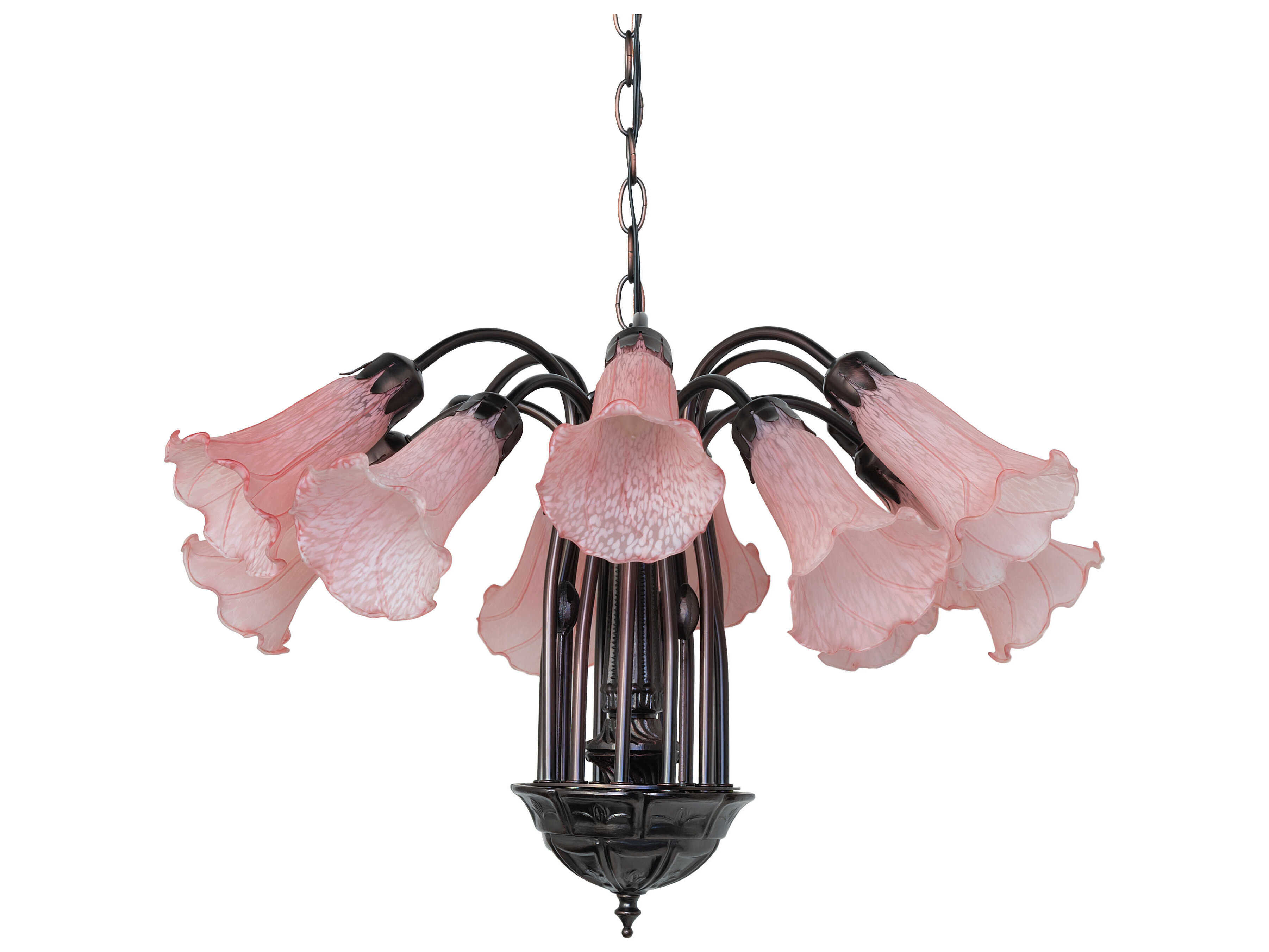 Meyda Pond Lily 12-Light Mahogany Bronze Pink Glass Bell Chandelier