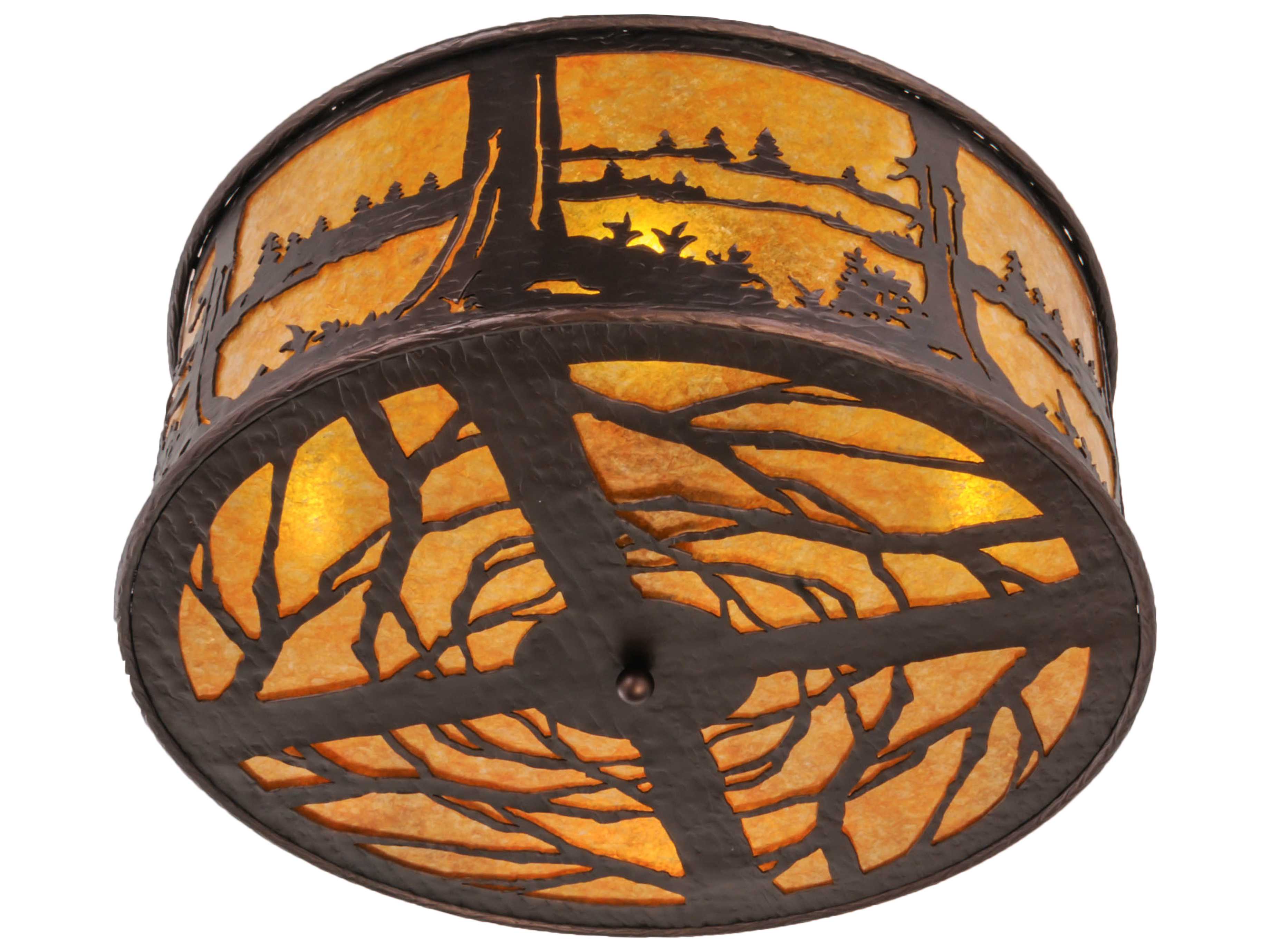 Meyda Quiet Pond 4-Light Mahogany Bronze amber Pinebark Drum Flush Mount