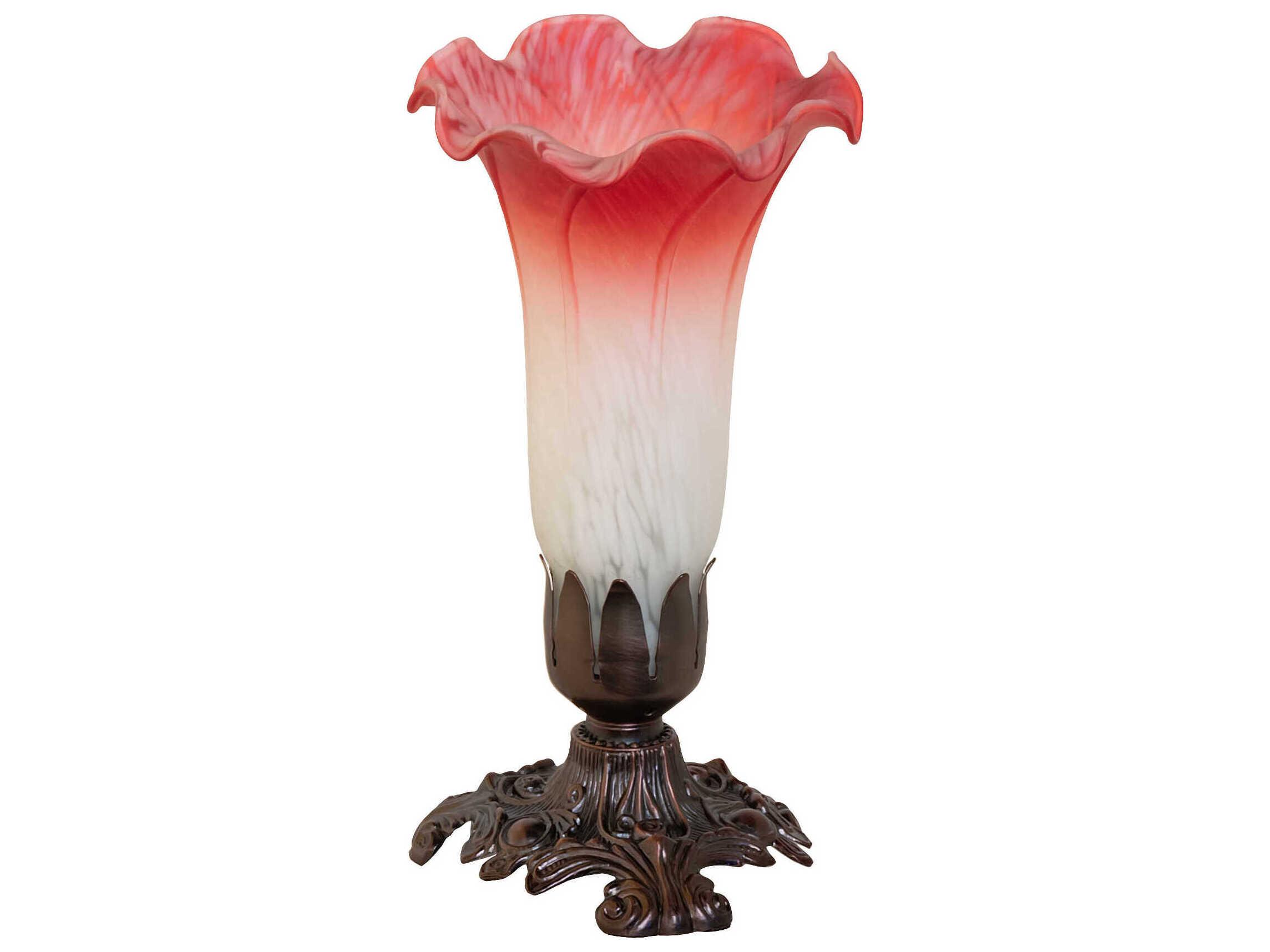 Meyda Pond Lily Mahogany Bronze Ruby White Glass Table Lamp with Pink Shade