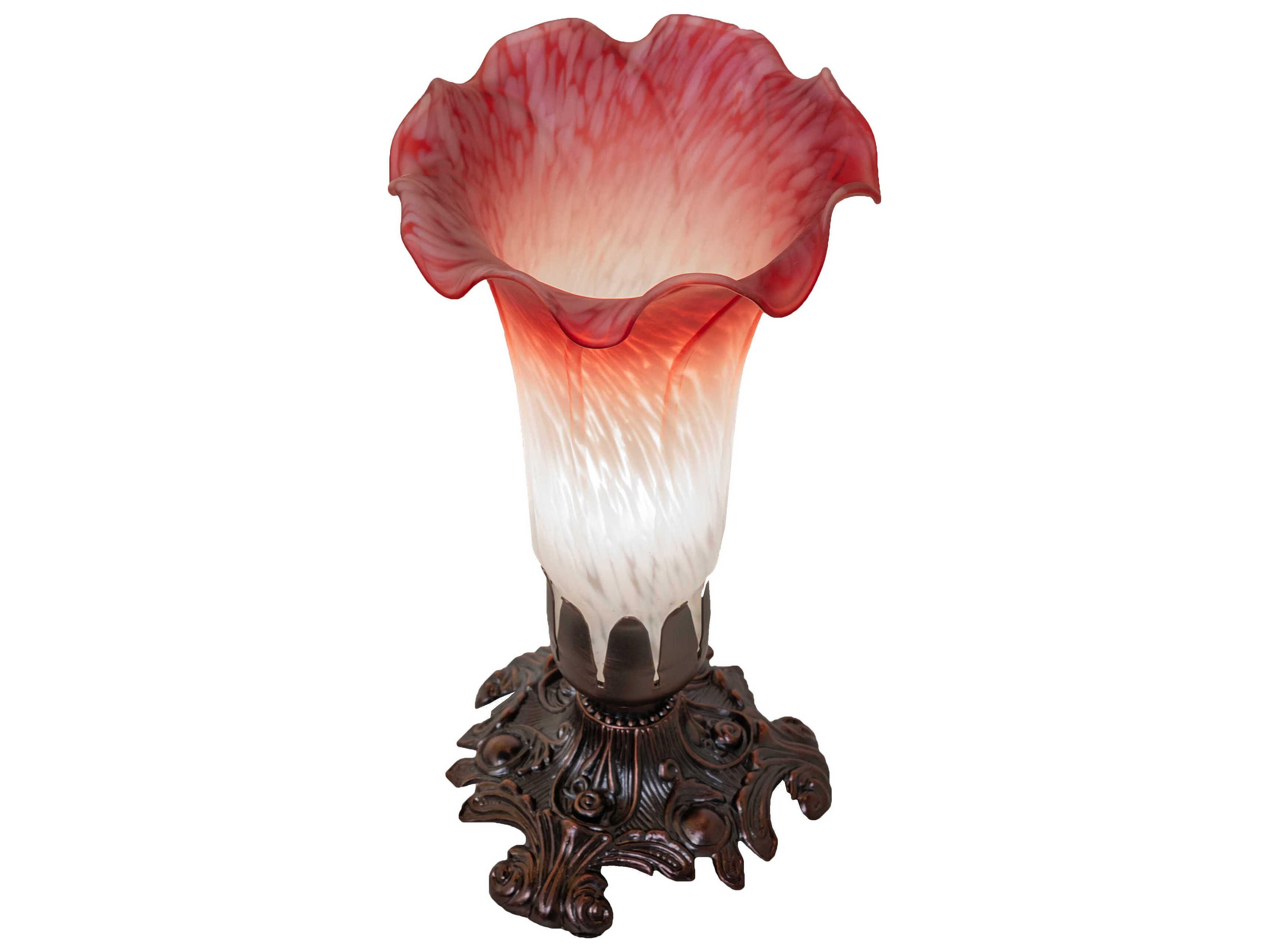 Meyda Pond Lily Mahogany Bronze Ruby White Glass Table Lamp with Pink Shade