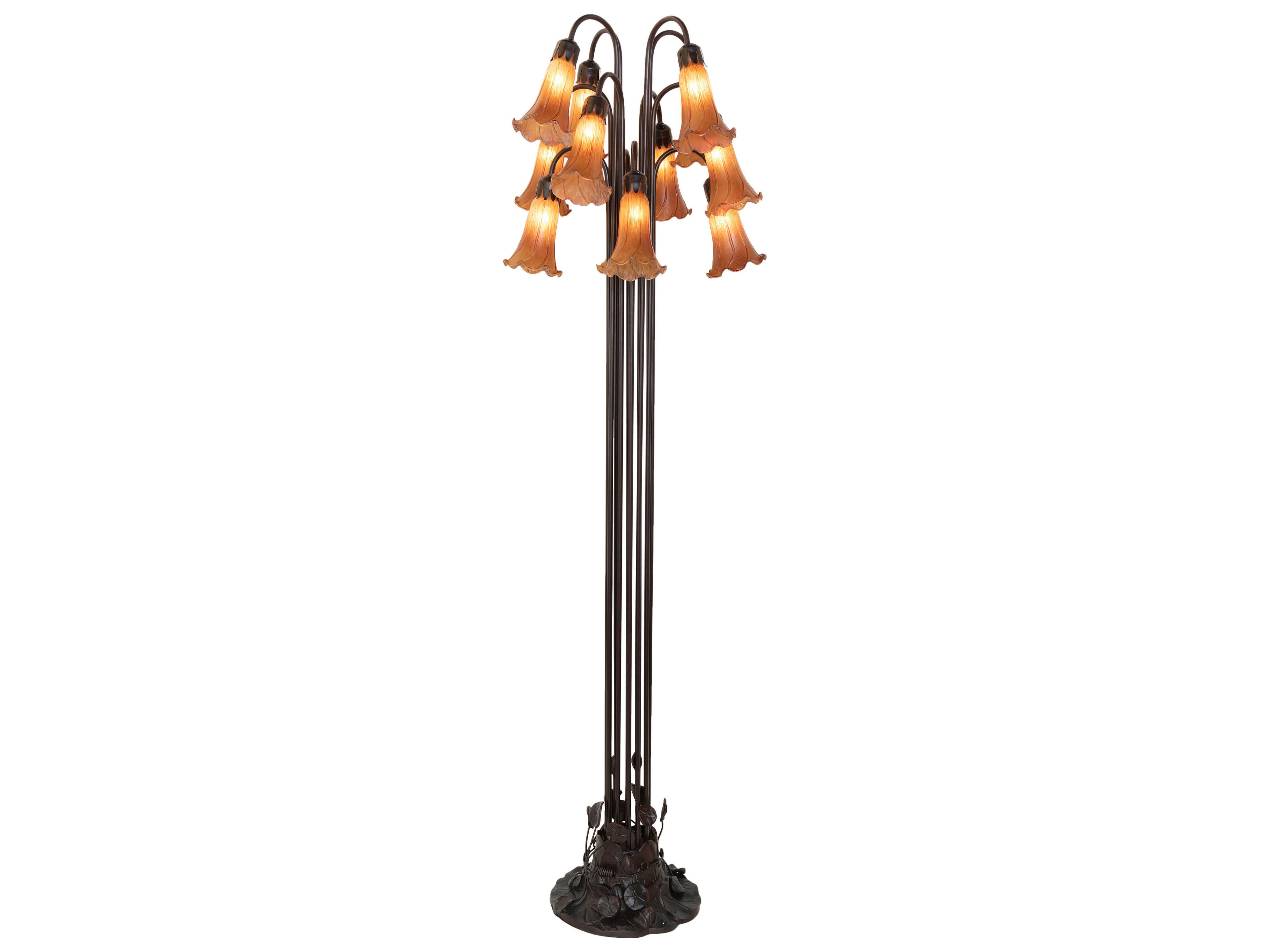 Meyda Pond Lily Mahogany Bronze Amber Glass Floor Lamp with Shade