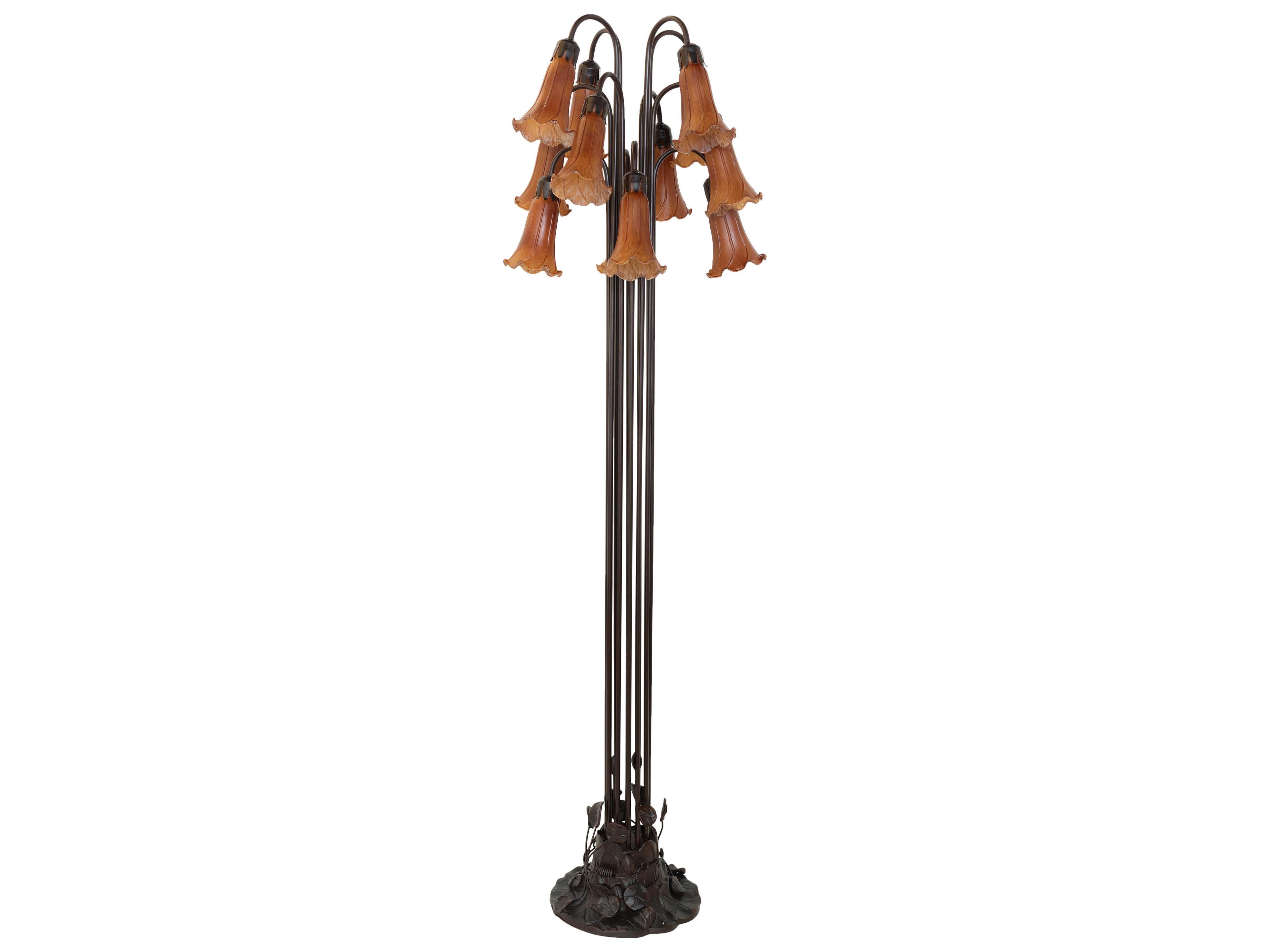 Meyda Pond Lily Mahogany Bronze Amber Glass Floor Lamp with Shade