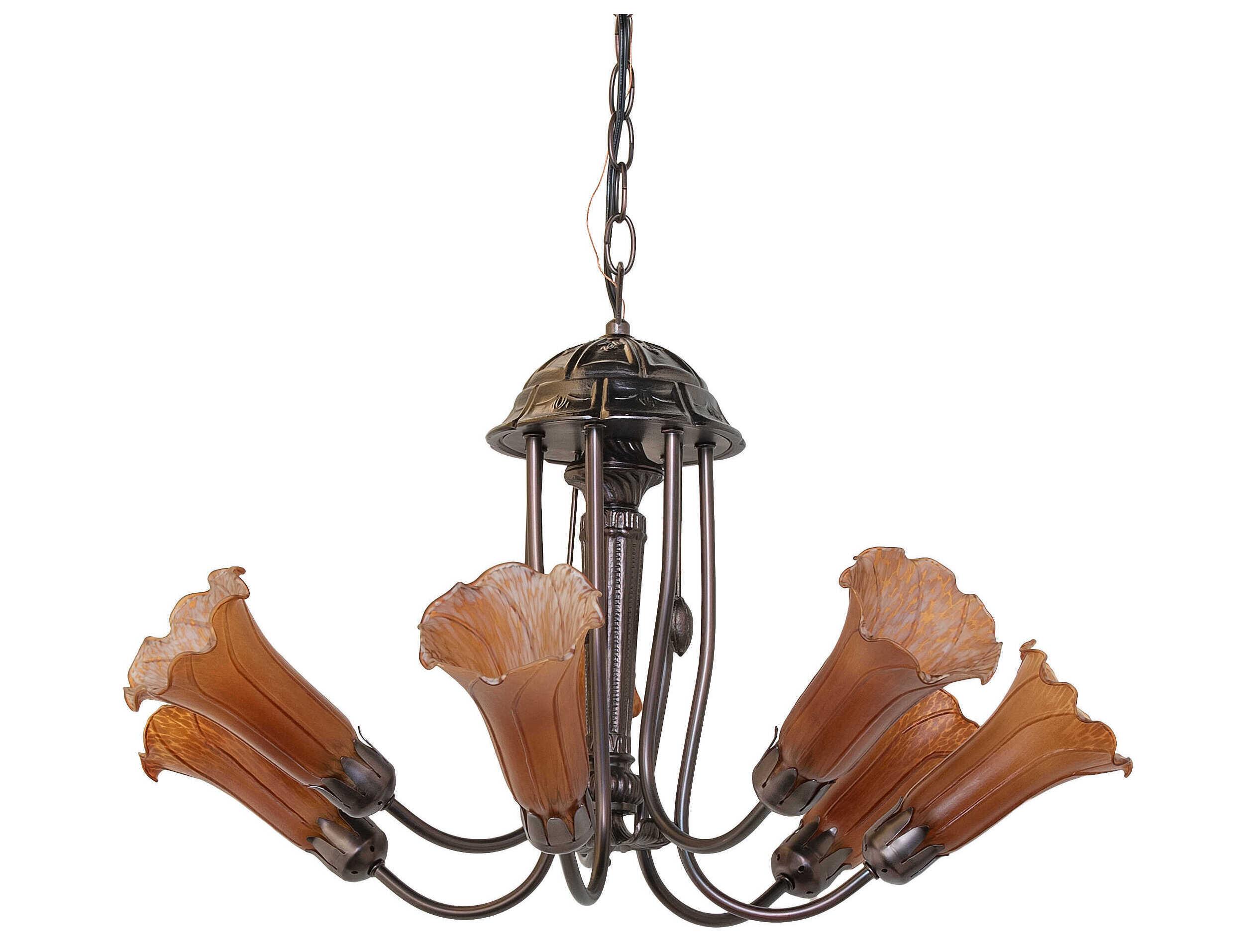 Meyda Pond Lily 7-Light Mahogany Bronze Orange Glass Bell Chandelier