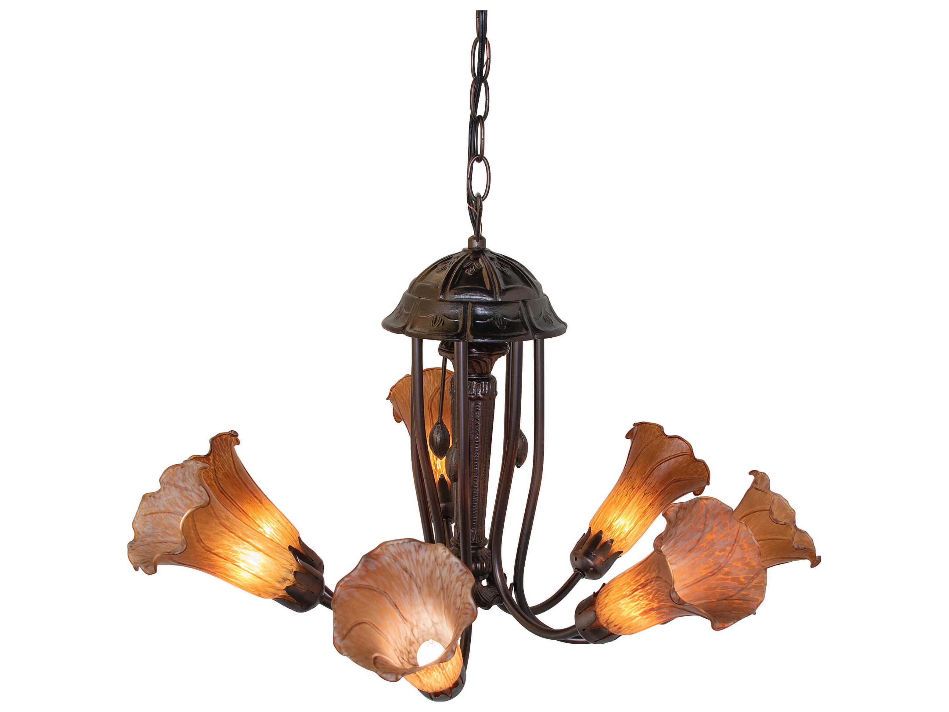 Meyda Pond Lily 7-Light Mahogany Bronze Orange Glass Bell Chandelier