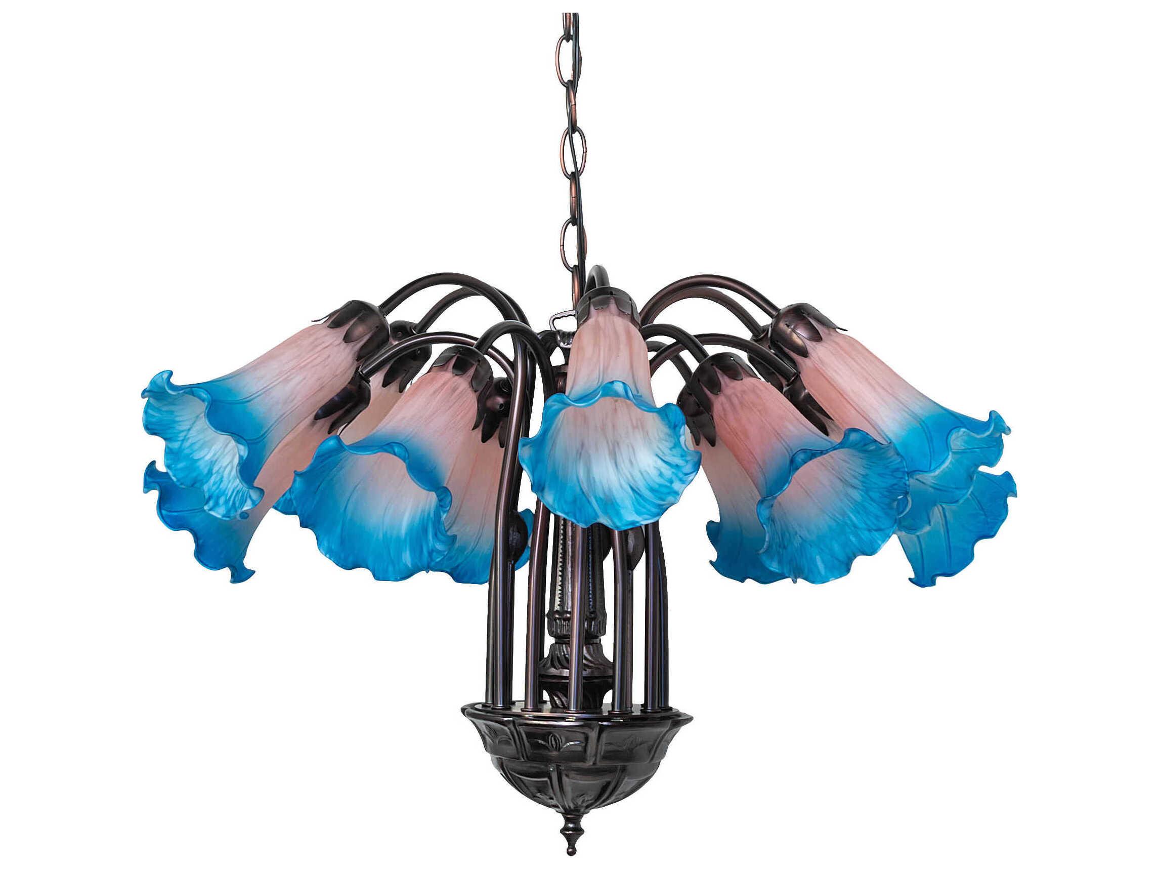 Meyda Pond Lily 12-Light Mahogany Bronze Blue Glass Bell Chandelier