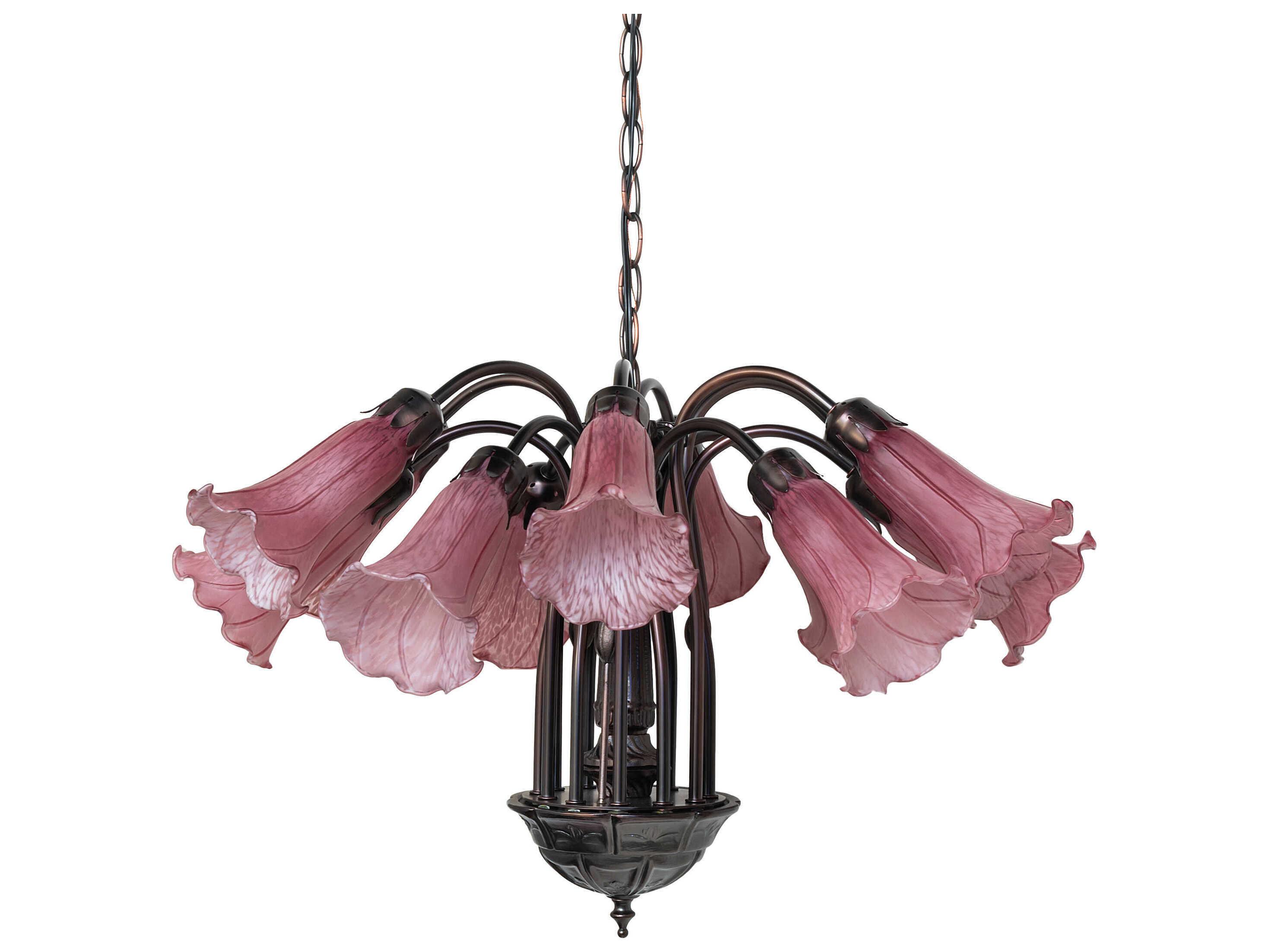 Meyda Pond Lily 12-Light Mahogany Bronze Purple Glass Bell Chandelier