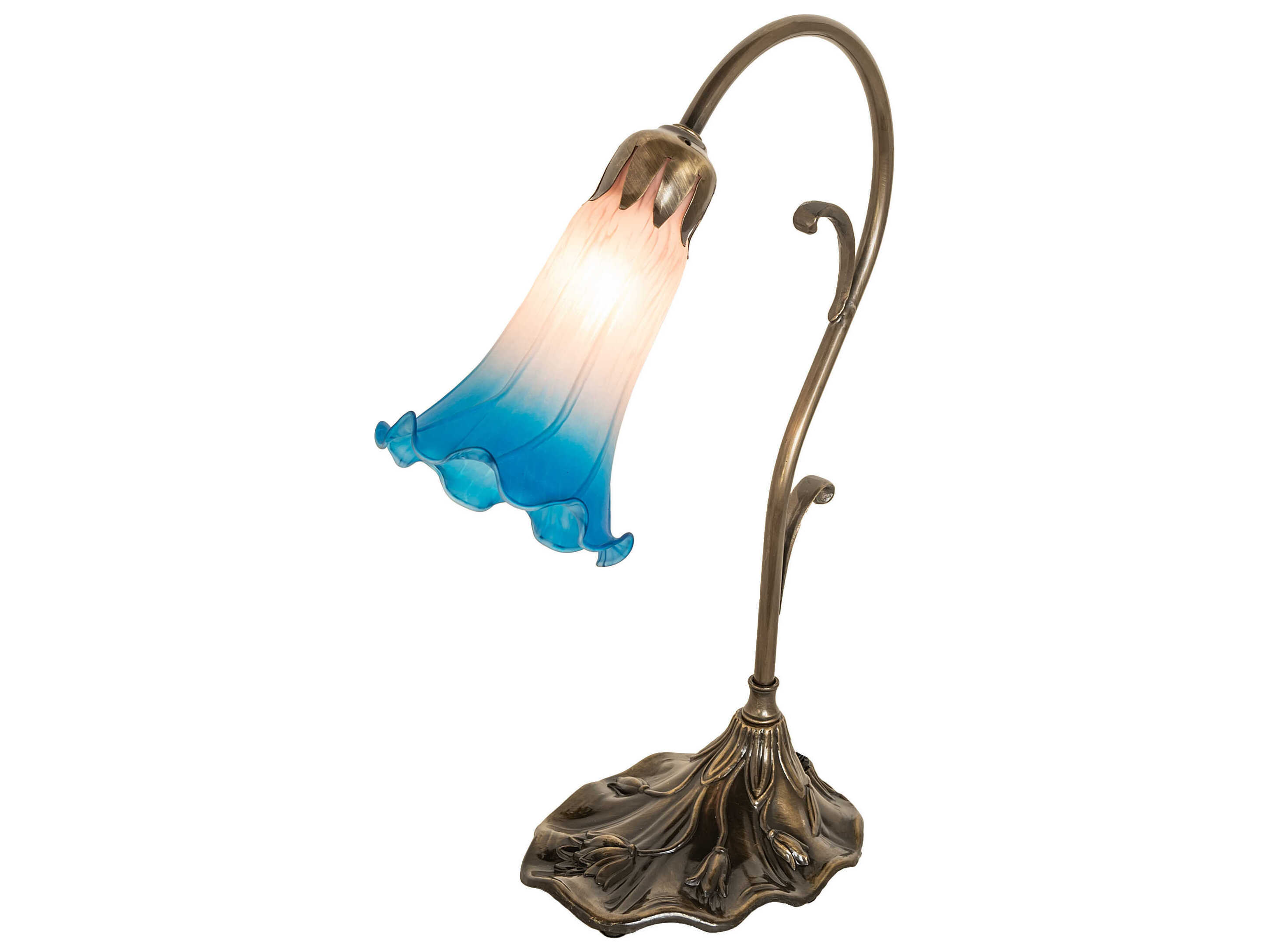 Meyda Pond Lily Antique Brass Glass Table Lamp with Pink Blue Shade