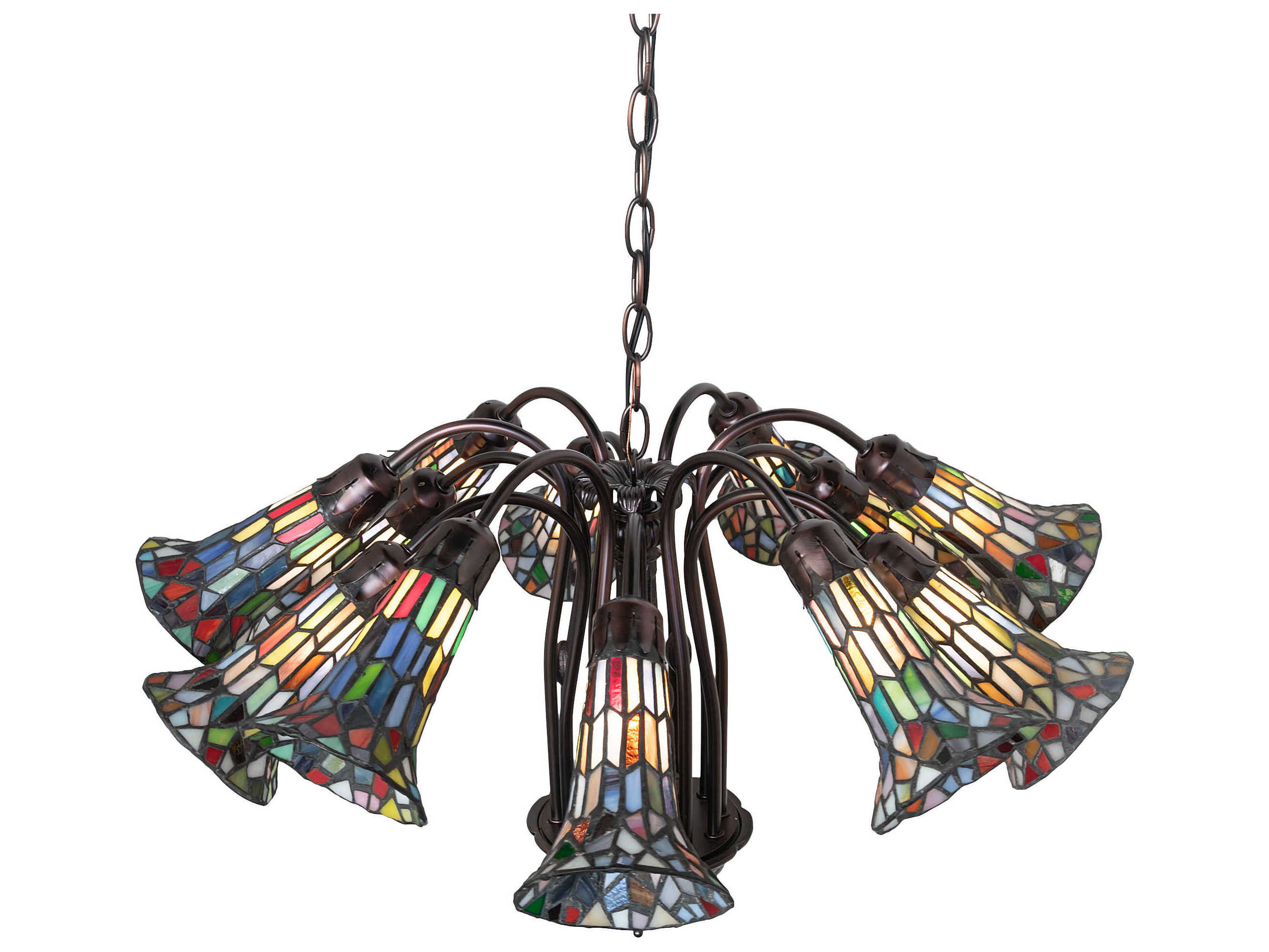 Meyda Stained Glass Pond Lily 12-Light Mahogany Bronze Tiffany Bell Chandelier