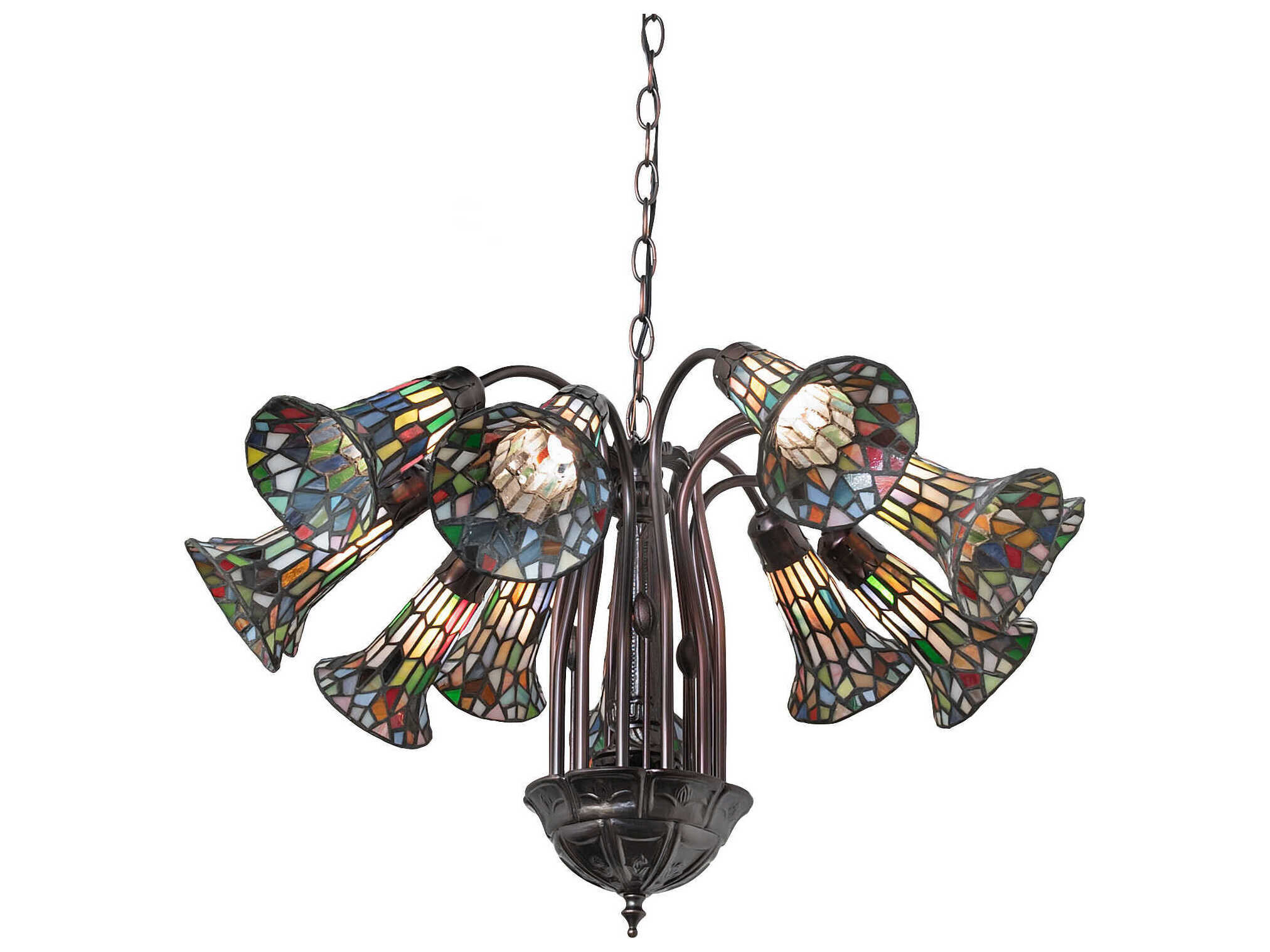 Meyda Stained Glass Pond Lily 12-Light Mahogany Bronze Tiffany Bell Chandelier