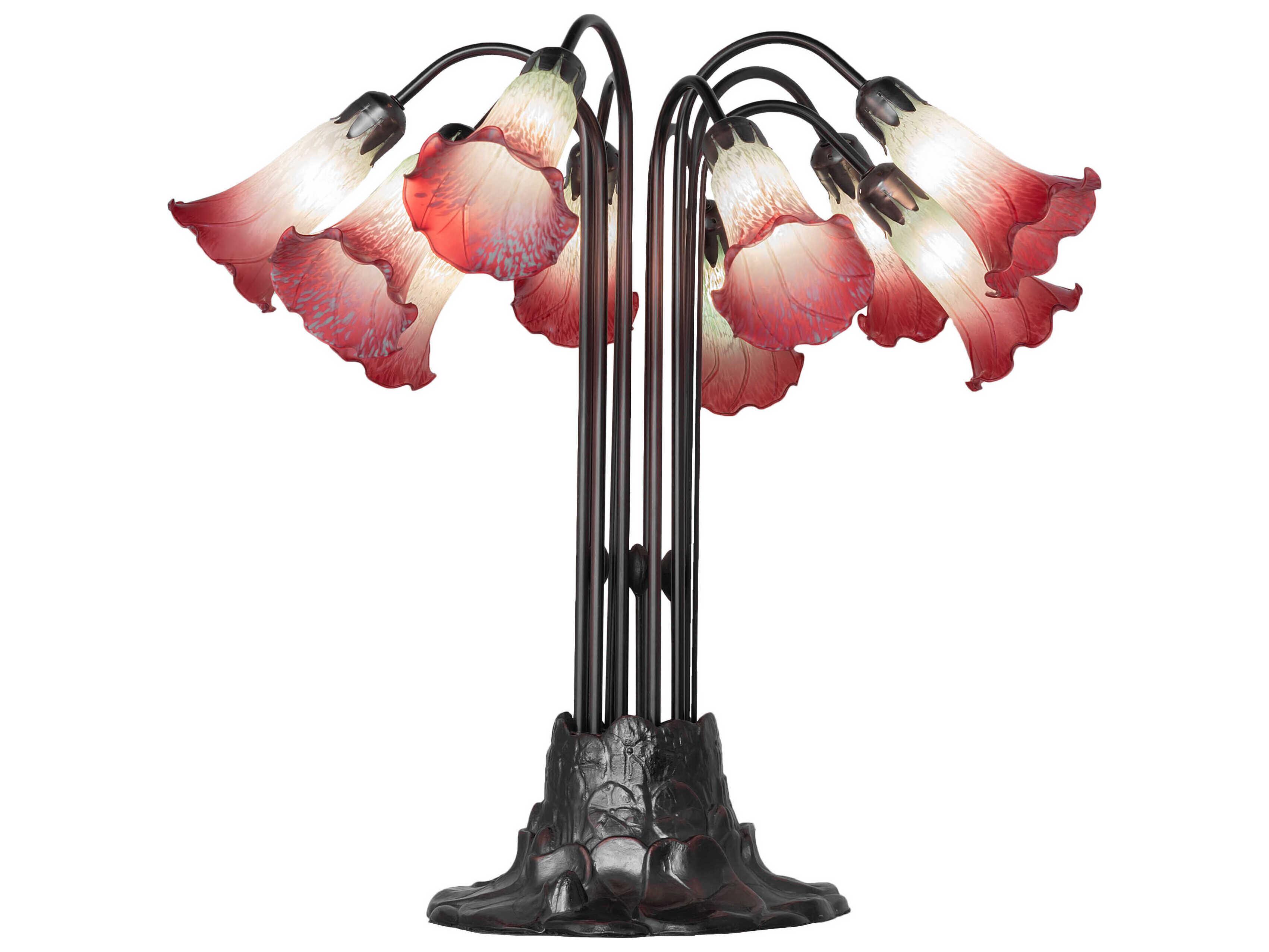 Meyda Pond Lily 10 - Light Mahogany Bronze Seafoam Cranberry Glass Tiffany Table Lamp with Shade