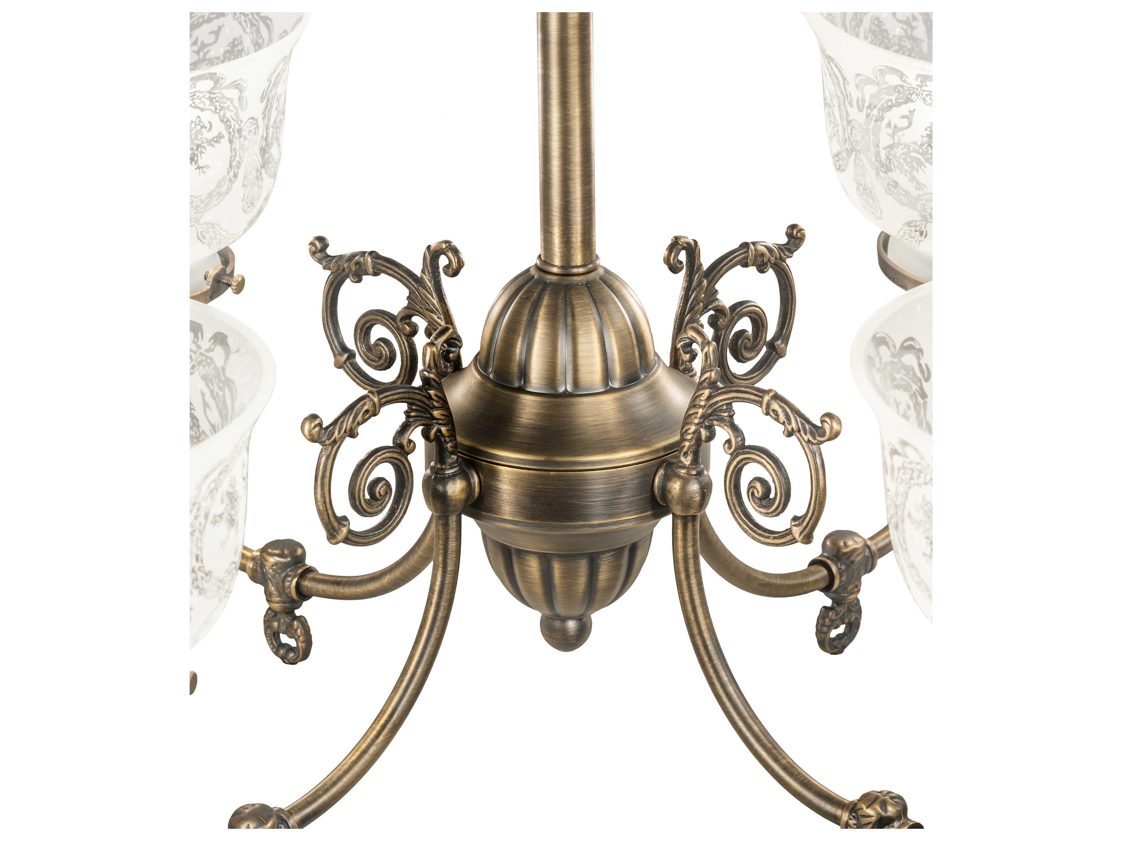 Meyda Revival Gas And Electric 4-Light Antique Brass Glass Bell Chandelier