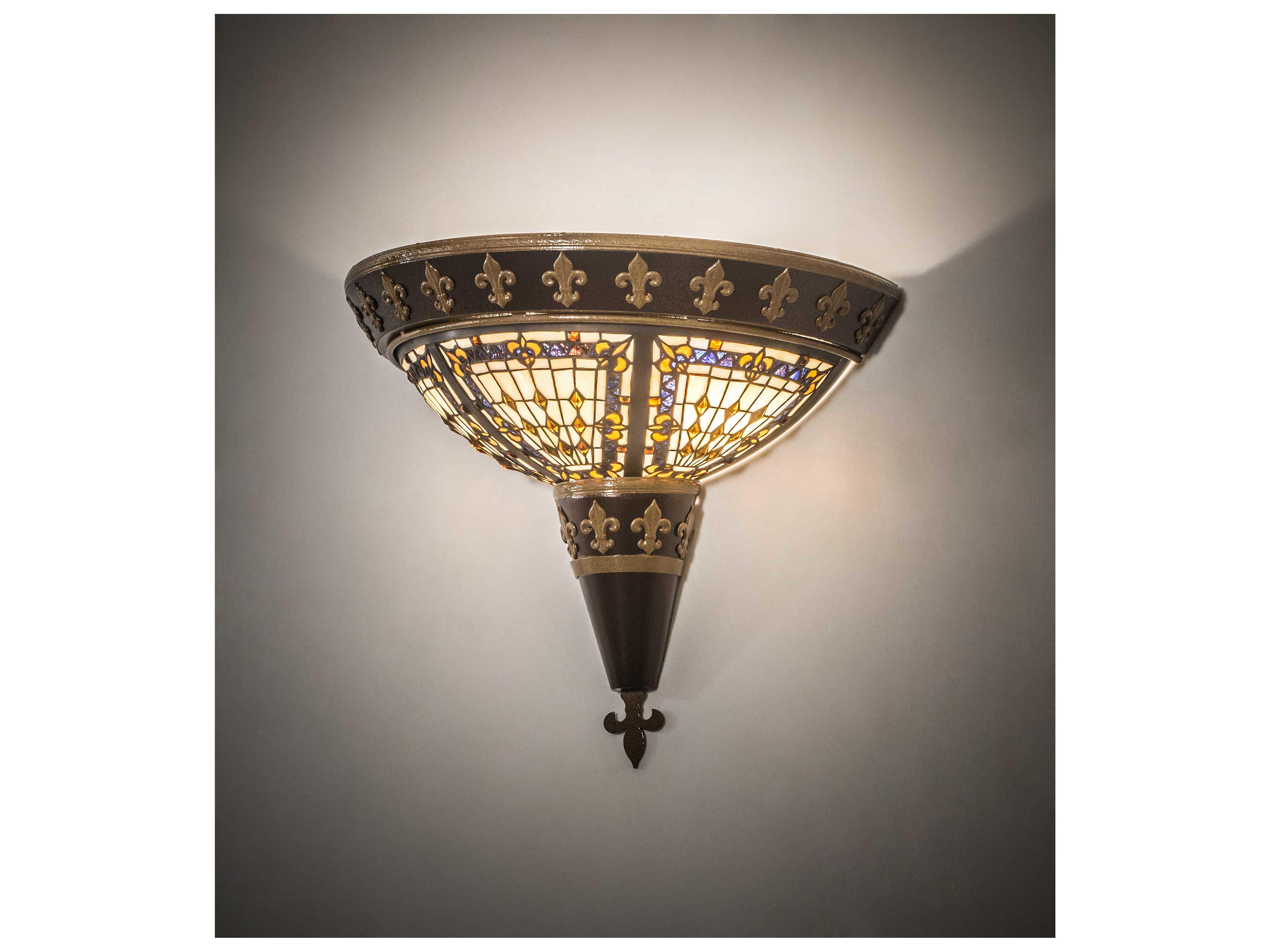 Meyda Fleur-de-lis 2-Light Copper Vein Gold Glass Tiffany Wall Sconce