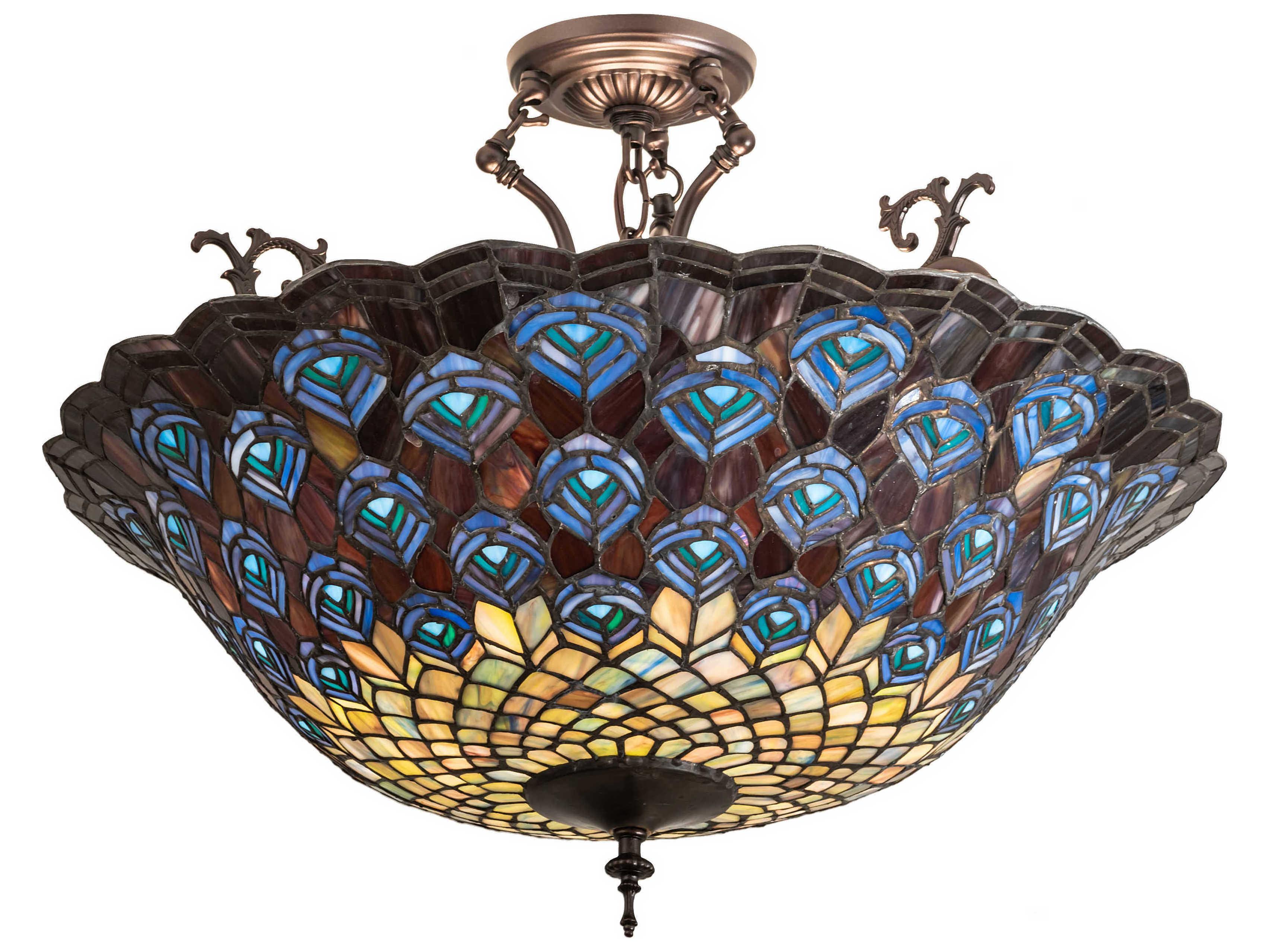Meyda Peacock Feather 3-Light Blue Violet Beige Teal Off White Glass Tiffany Bowl Semi Flush Mount