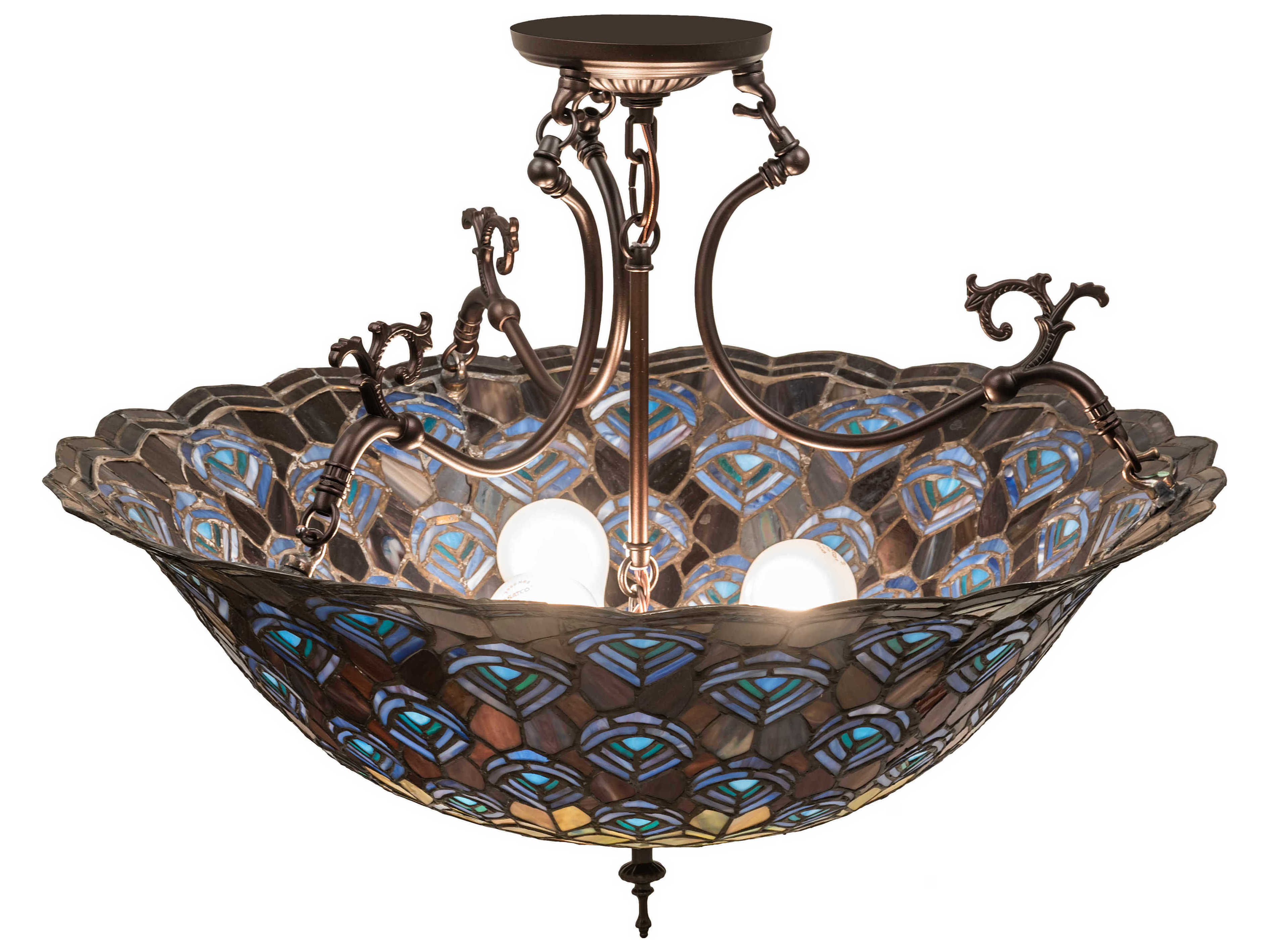 Meyda Peacock Feather 3-Light Blue Violet Beige Teal Off White Glass Tiffany Bowl Semi Flush Mount