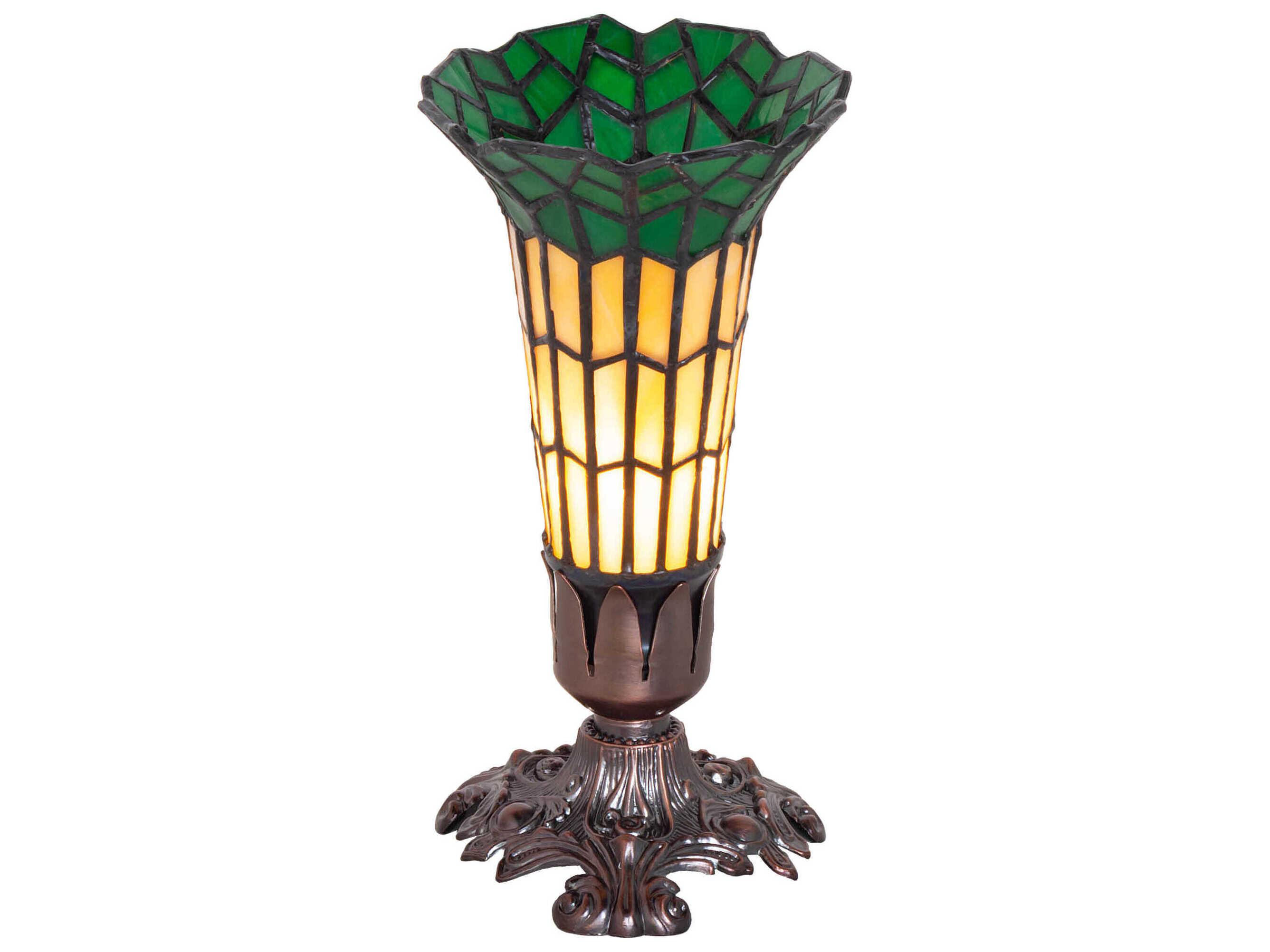 Meyda Pond Lily Mahogany Bronze Tiffany Table Lamp with Amber Glass Green Shade