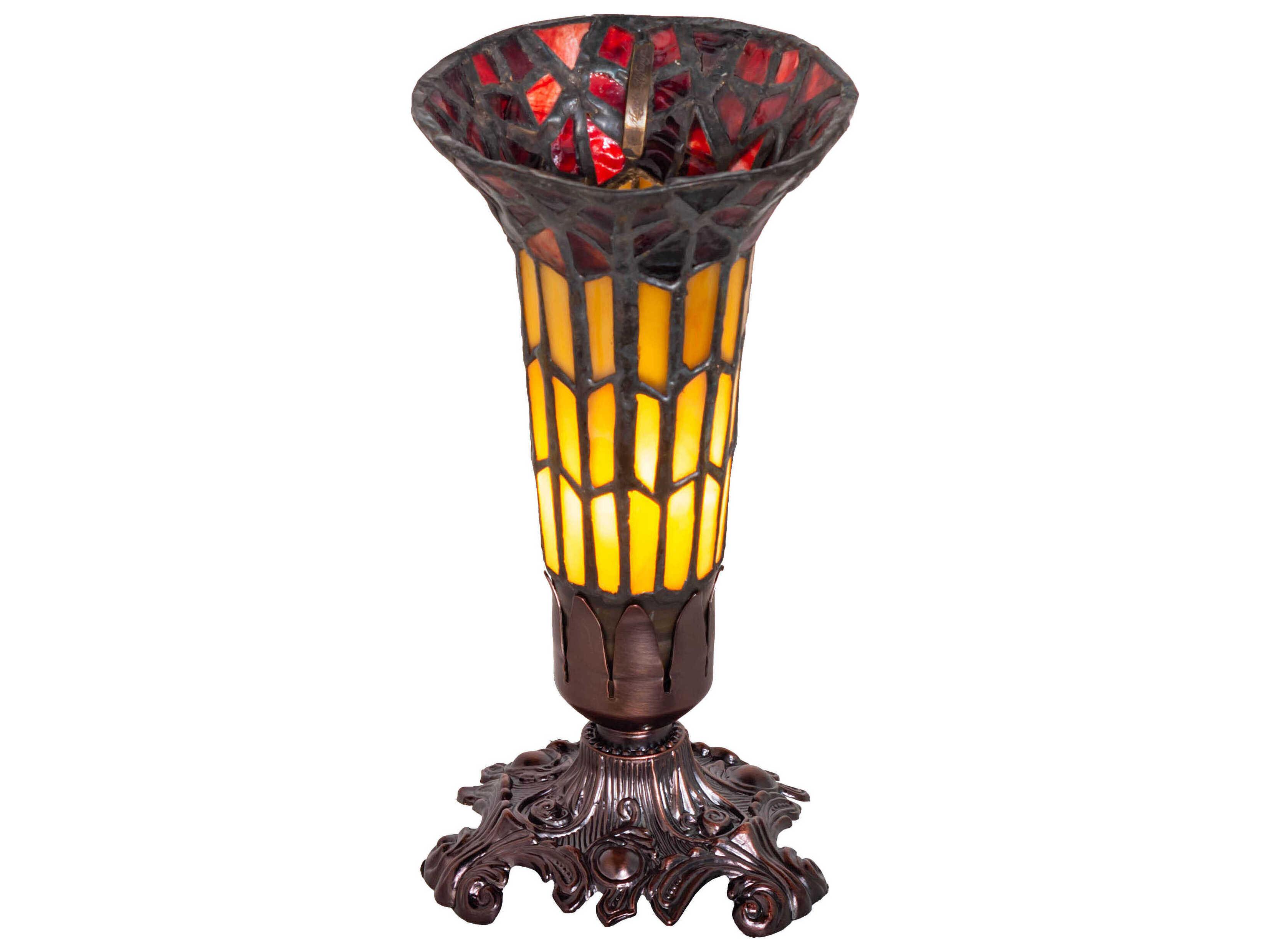 Meyda Pond Lily Mahogany Bronze Glass Tiffany Table Lamp with Ruby Sunflower Shade