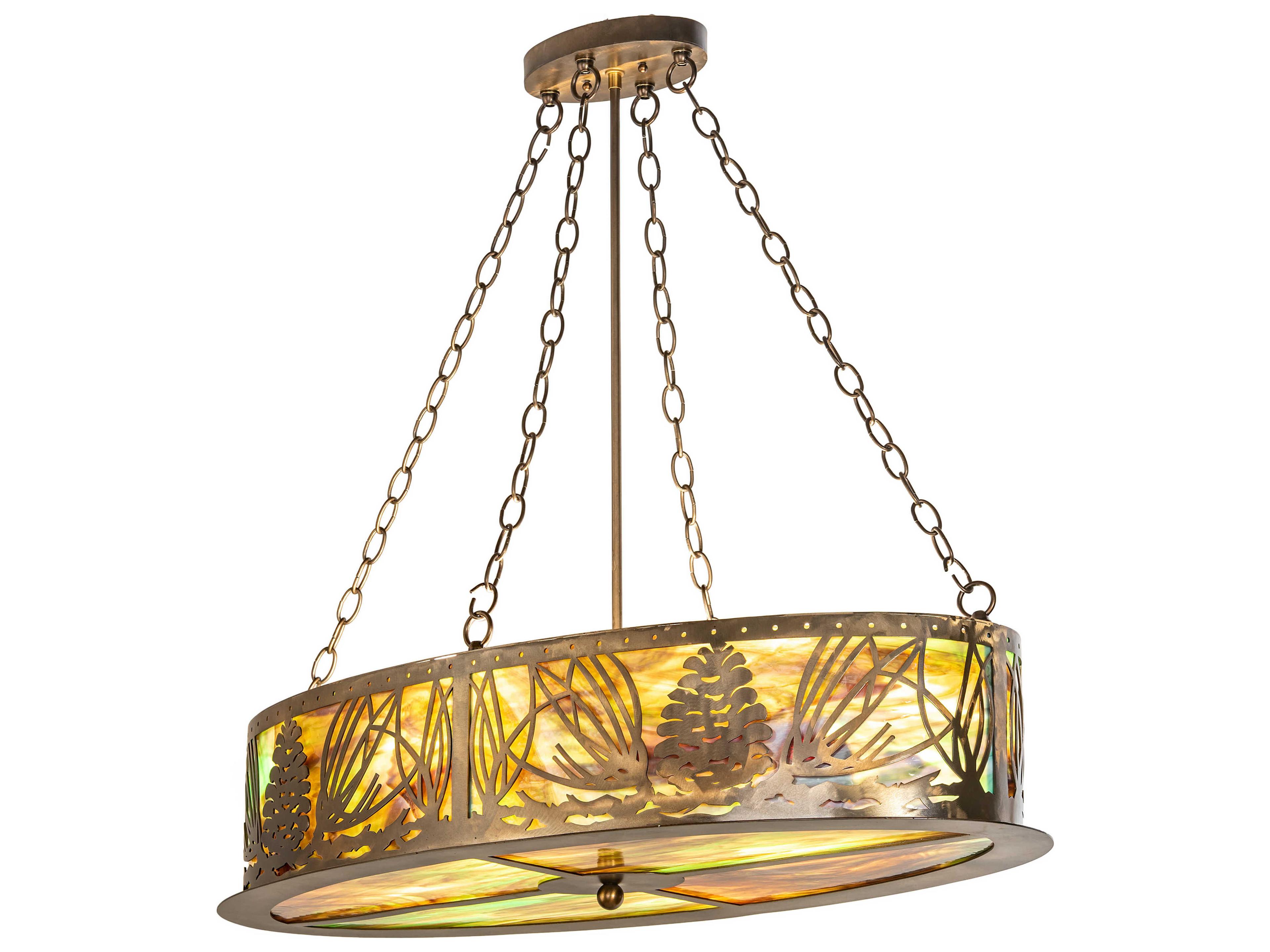 Meyda Mountain Pine 4-Light Antique Copper Brown Glass Drum Island Pendant