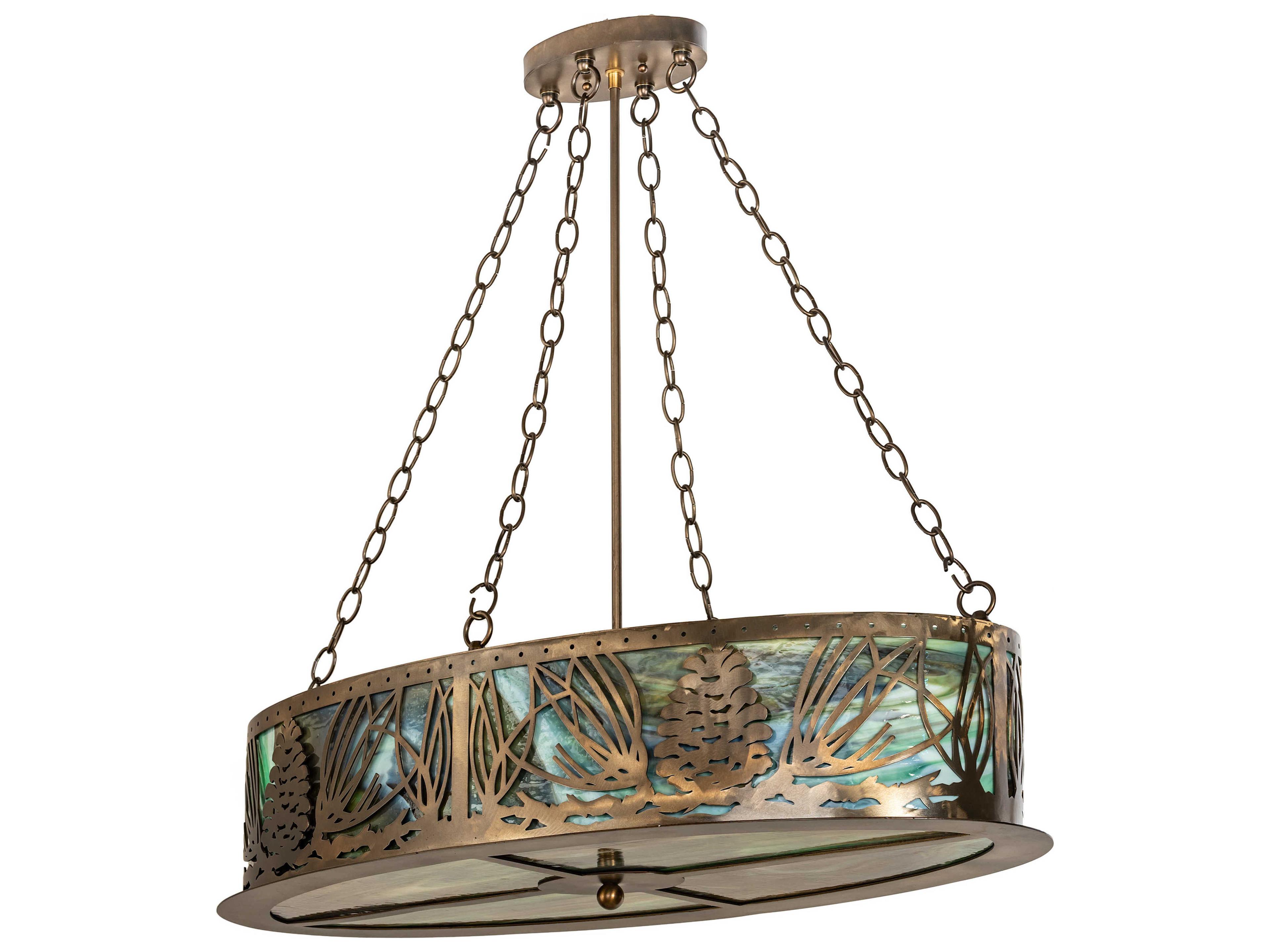 Meyda Mountain Pine 4-Light Antique Copper Brown Glass Drum Island Pendant