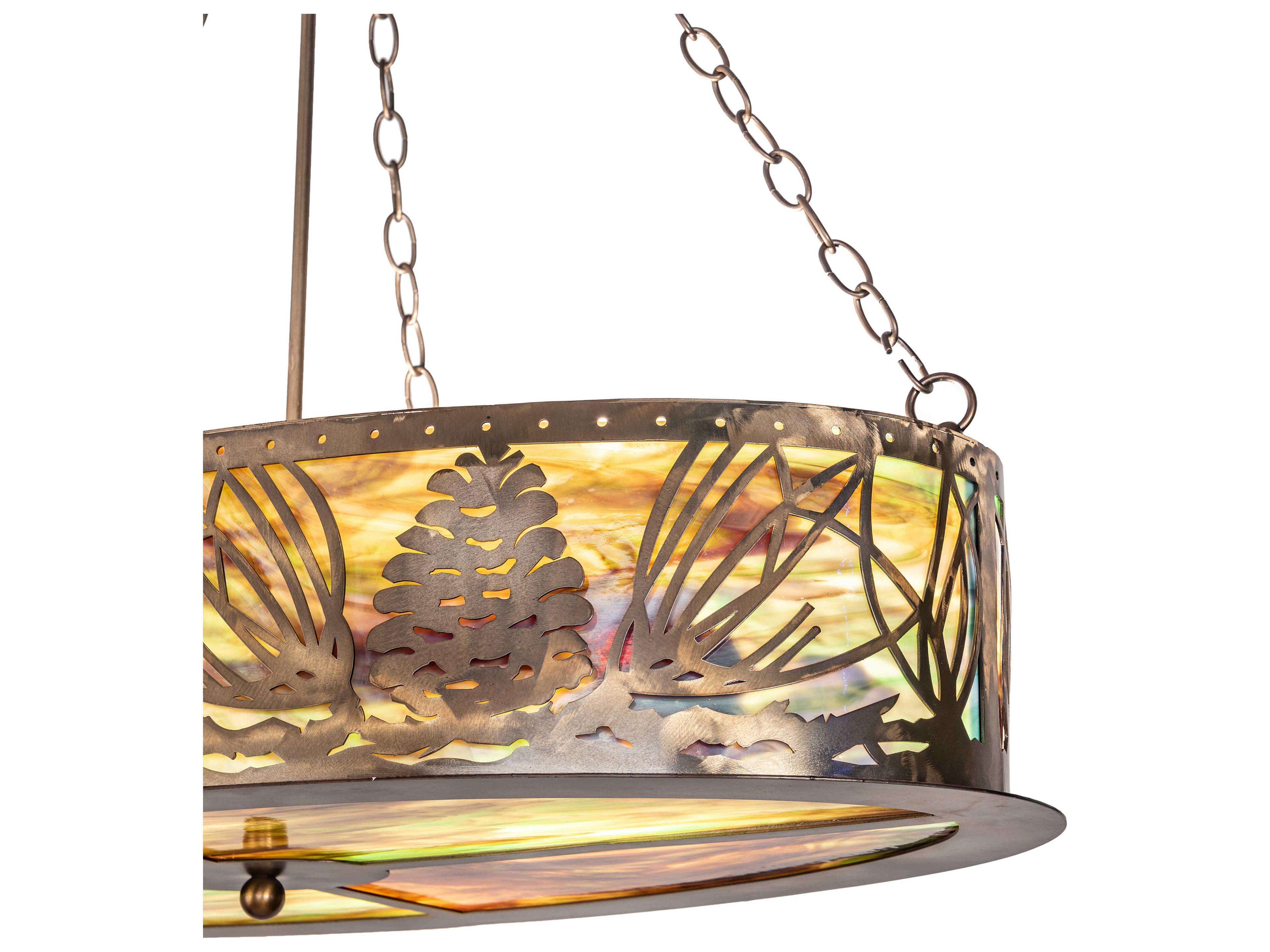 Meyda Mountain Pine 4-Light Antique Copper Brown Glass Drum Island Pendant