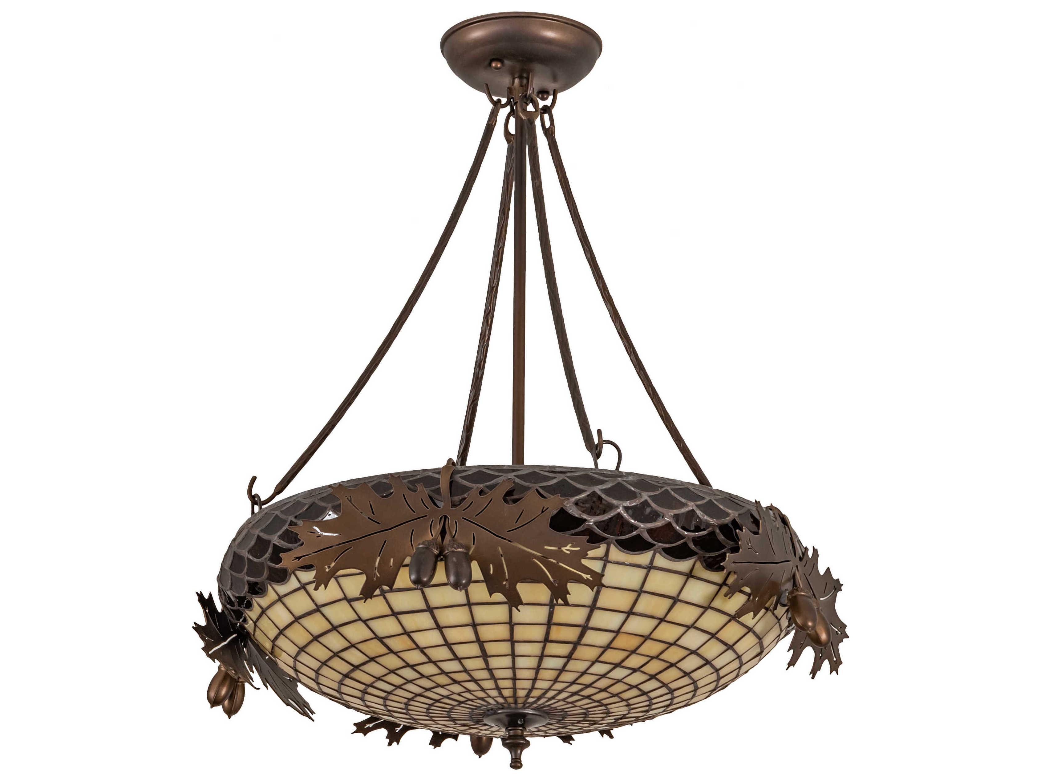 Meyda Oak Leaf & Acorn 2-Light Antique Copper Brown Glass Bowl Pendant