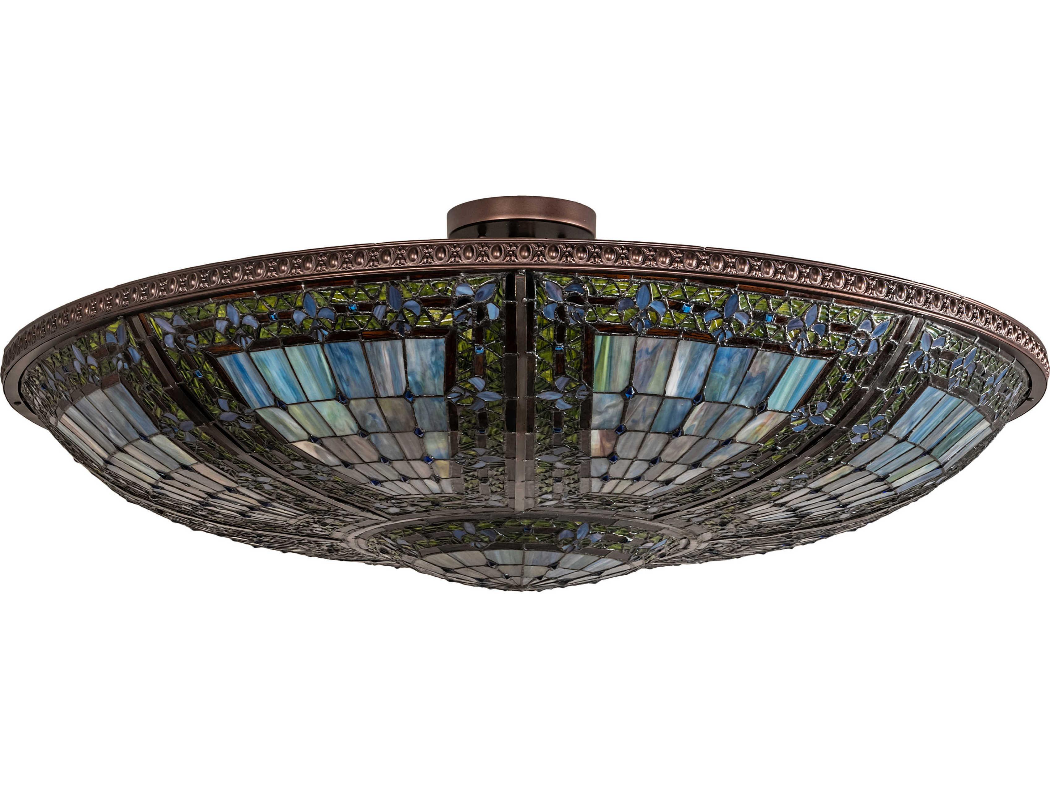 Meyda Fleur-de-lis 6-Light Mahogany Bronze Blue Glass Tiffany Bowl Semi Flush Mount