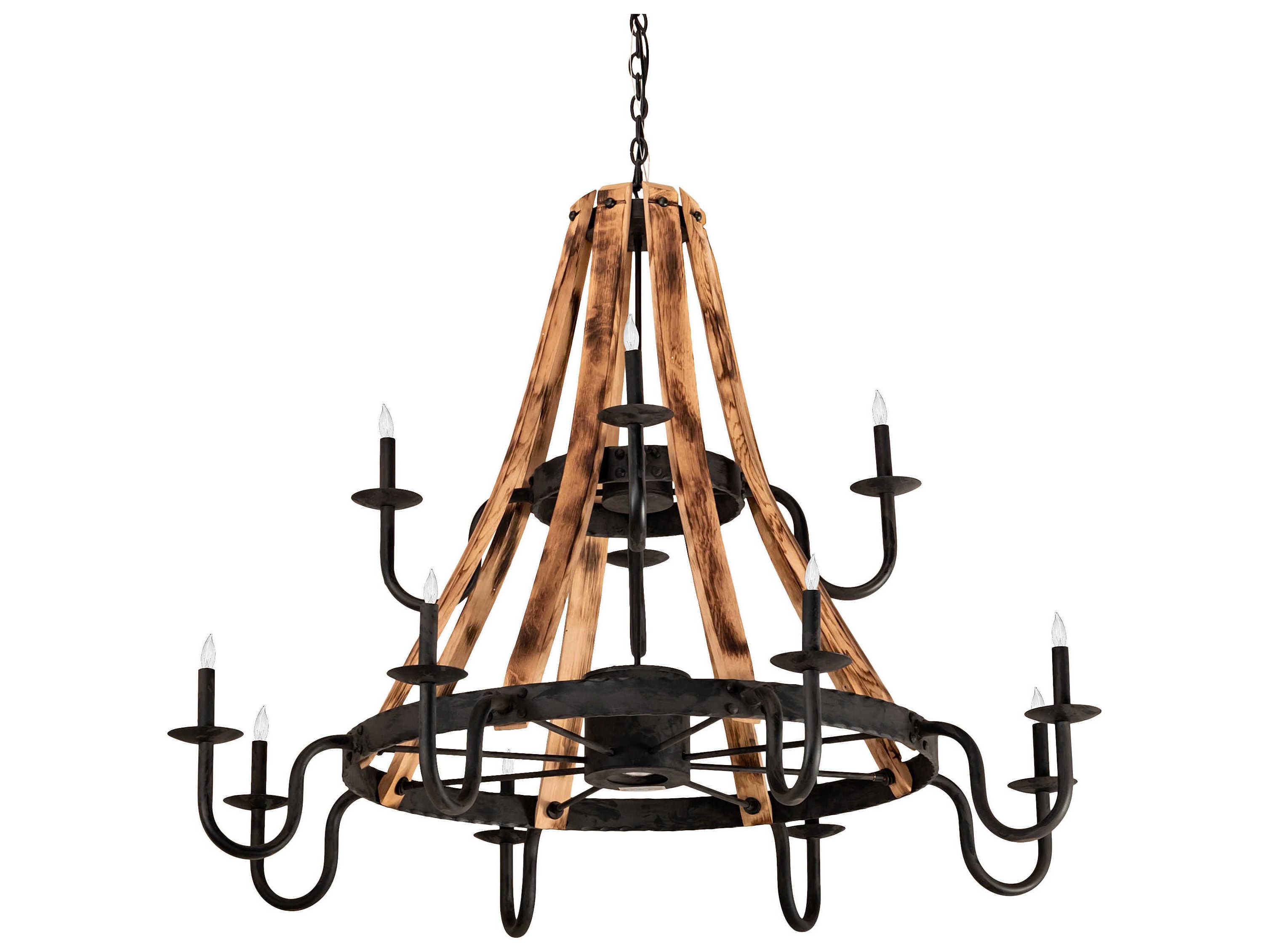 Meyda Barrel Stave 12 1-Light Natural Wood Black Candelabra Tiered Chandelier